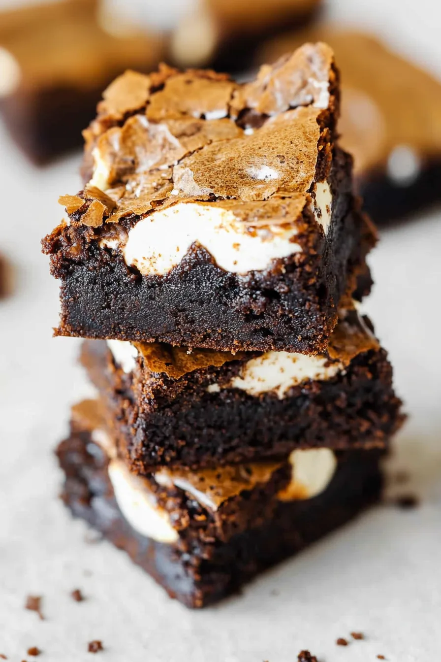 A rustic stack of brownies with crisp edges and creamy filling, photographed for serving.