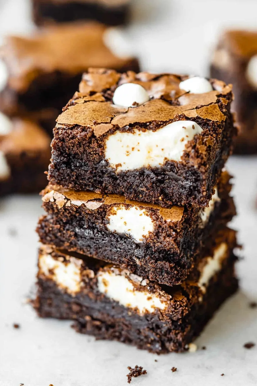 Stacked chocolate brownies with a crackly top and visible chunks of white filling.
