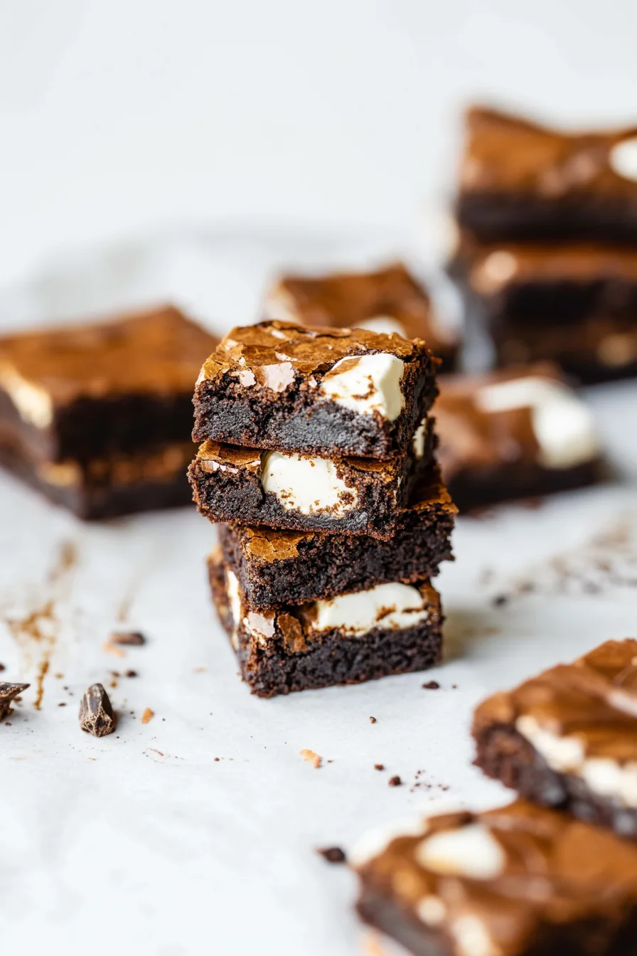 S’mores brownies with melted chocolate and marshmallow pockets, styled on a light surface.