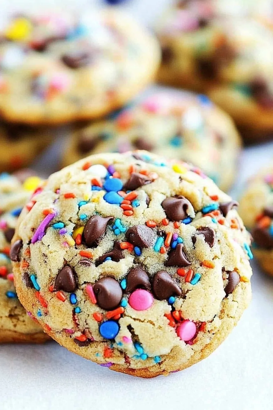 Close-up of thick, chewy cookies dotted with bright rainbow sprinkles.