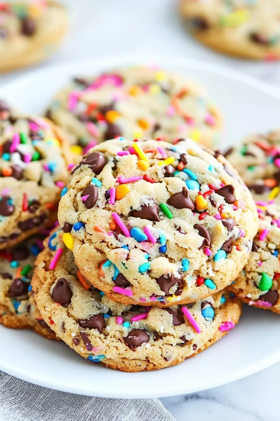 Freshly baked cookies with melted chocolate pieces and vibrant sprinkles on top.