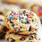 Stacked cookies showing a golden, crackly surface with chocolate chips throughout.