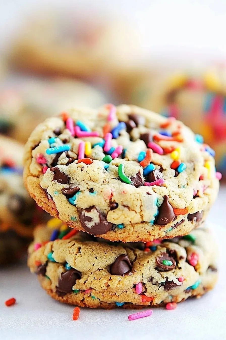 Stacked cookies showing a golden, crackly surface with chocolate chips throughout.