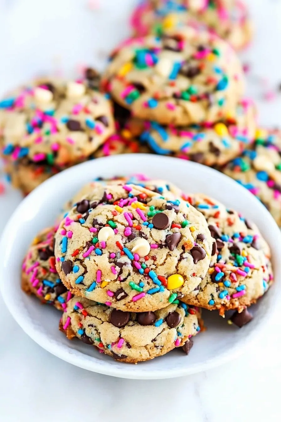 Plate of soft cookies packed with chocolate chips and colorful sprinkles.