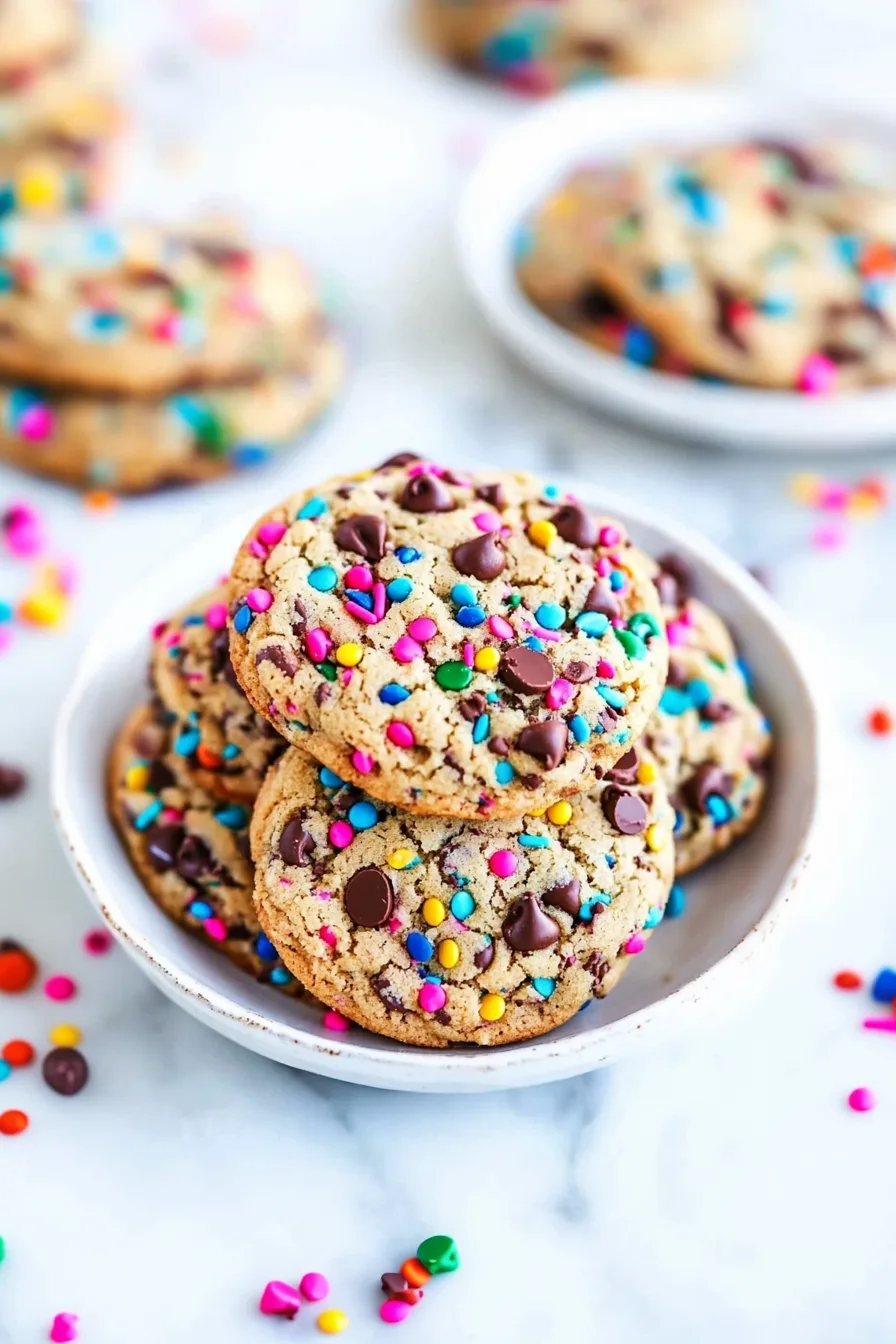 A pile of bakery-style cookies featuring a mix of chips and rainbow sprinkle accents.