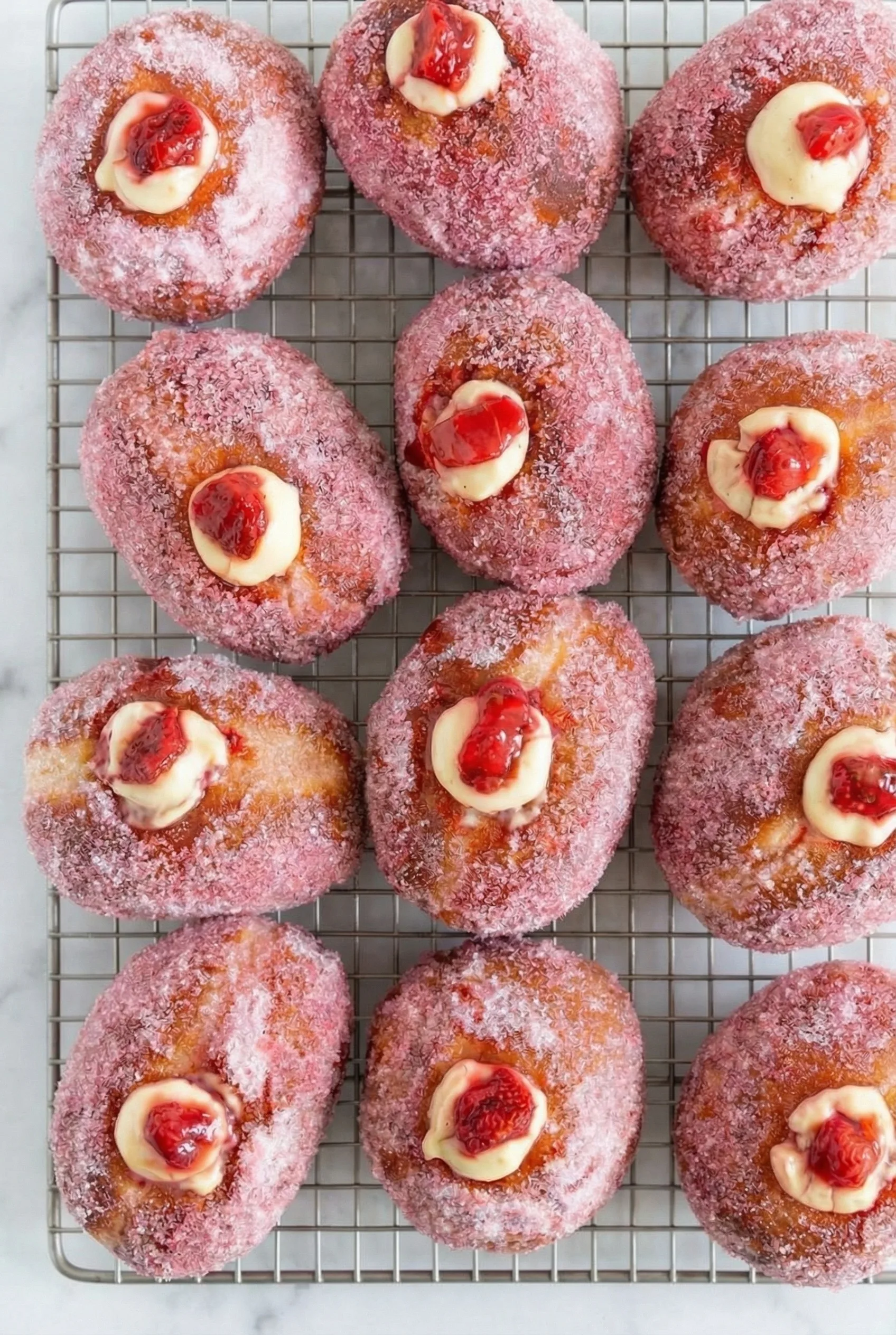 Freshly fried doughnuts dusted with sugar and oozing bright red fruit filling.