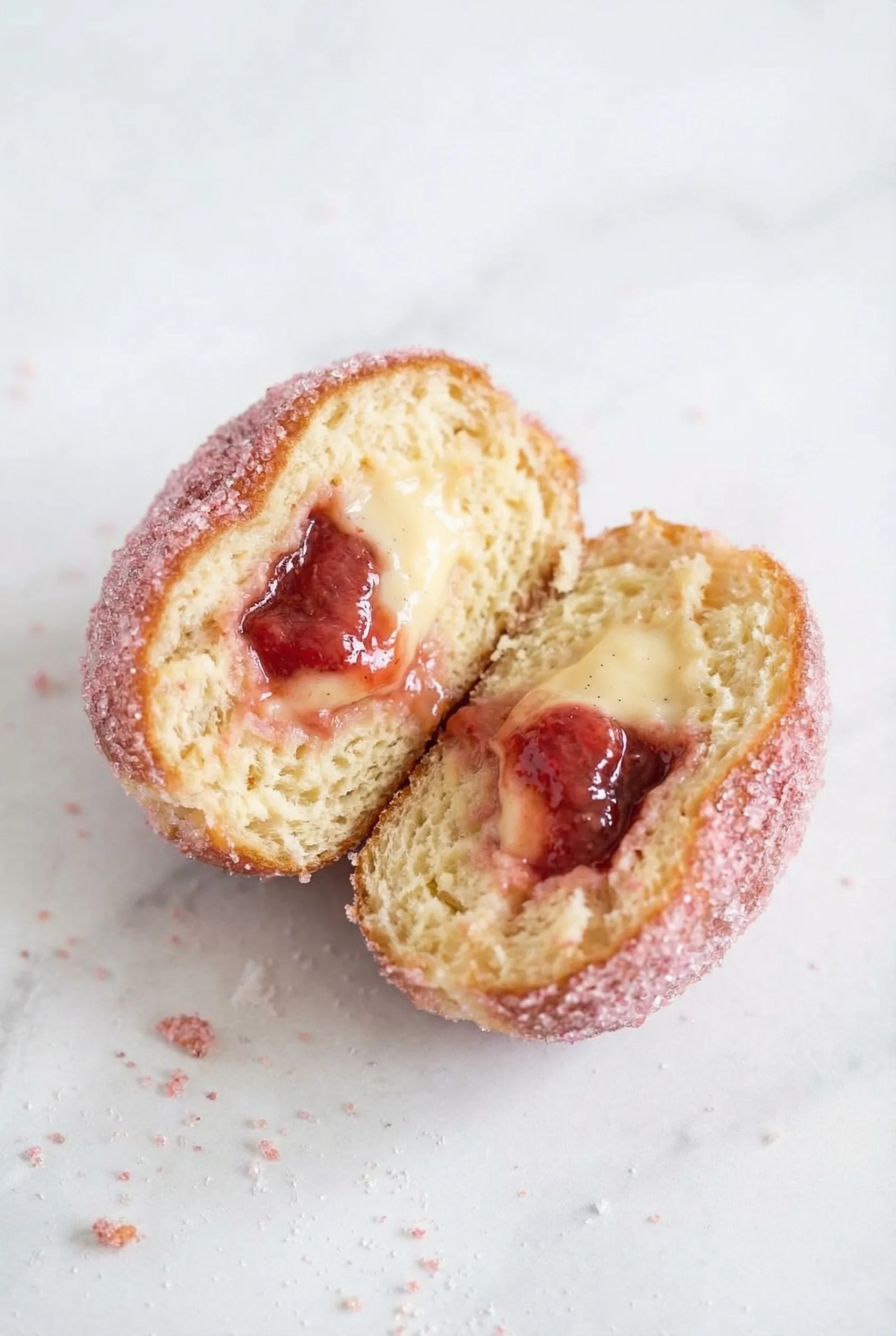 Cut-open doughnut revealing its glossy strawberry center, styled on a light surface.