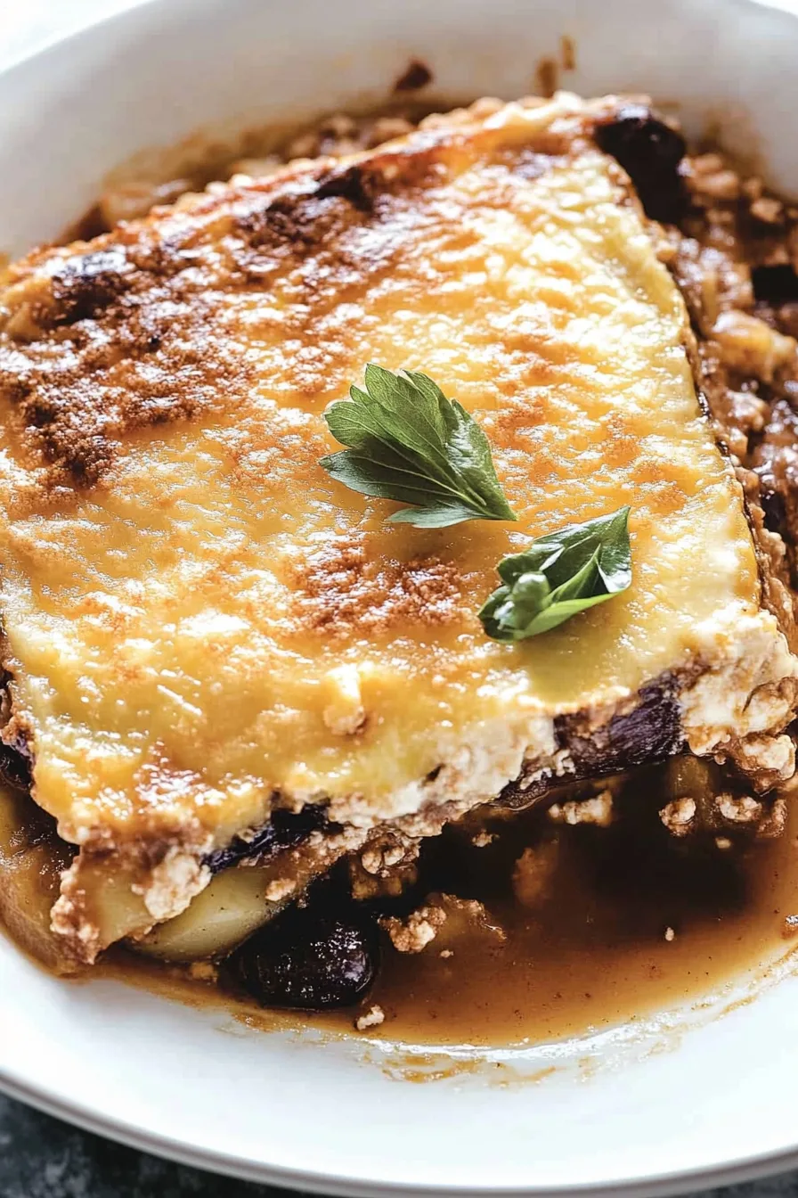 Close-up of a hearty casserole slice showing creamy topping and rich meat sauce.