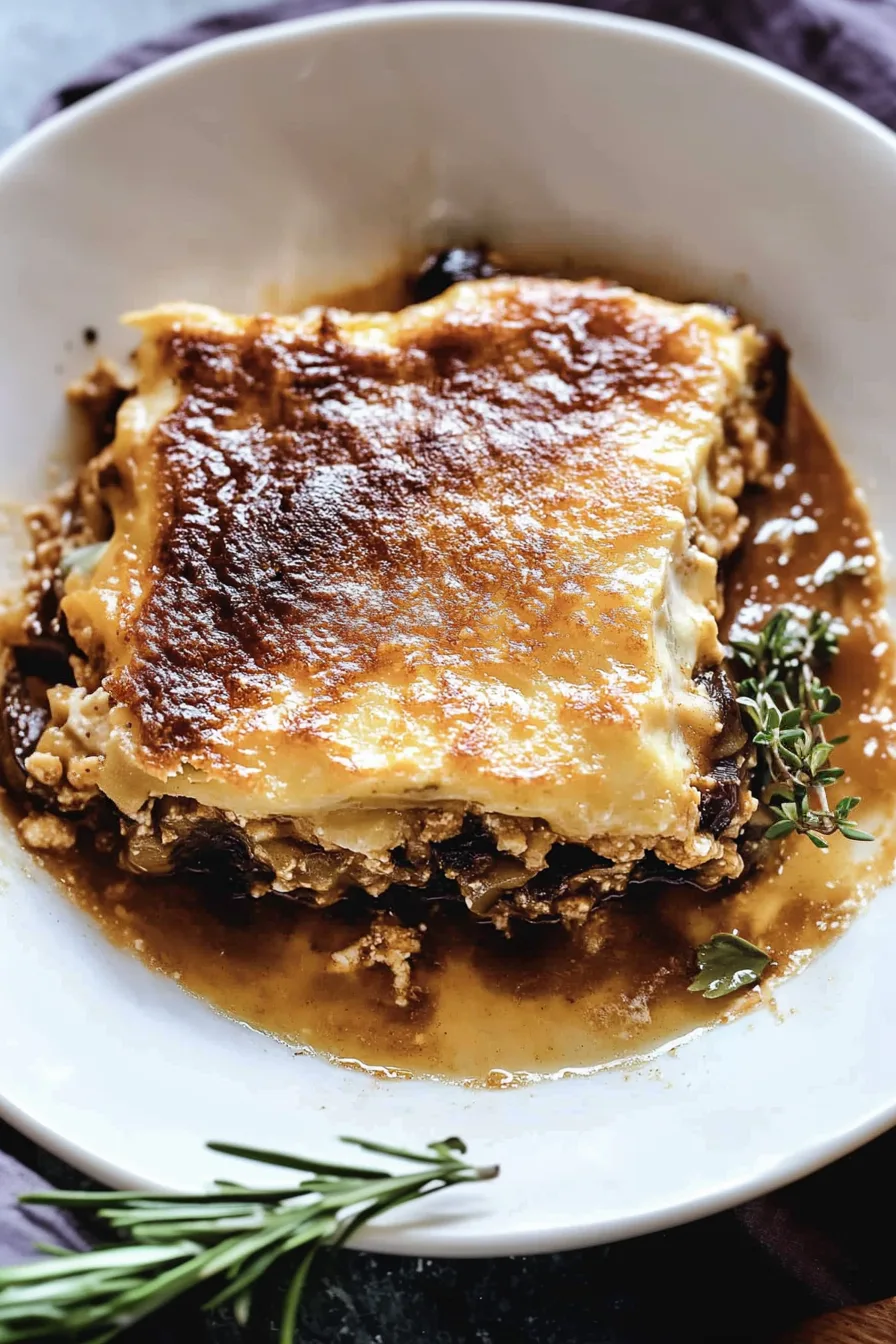 Plated portion of layered eggplant and meat filling under a browned custard layer.