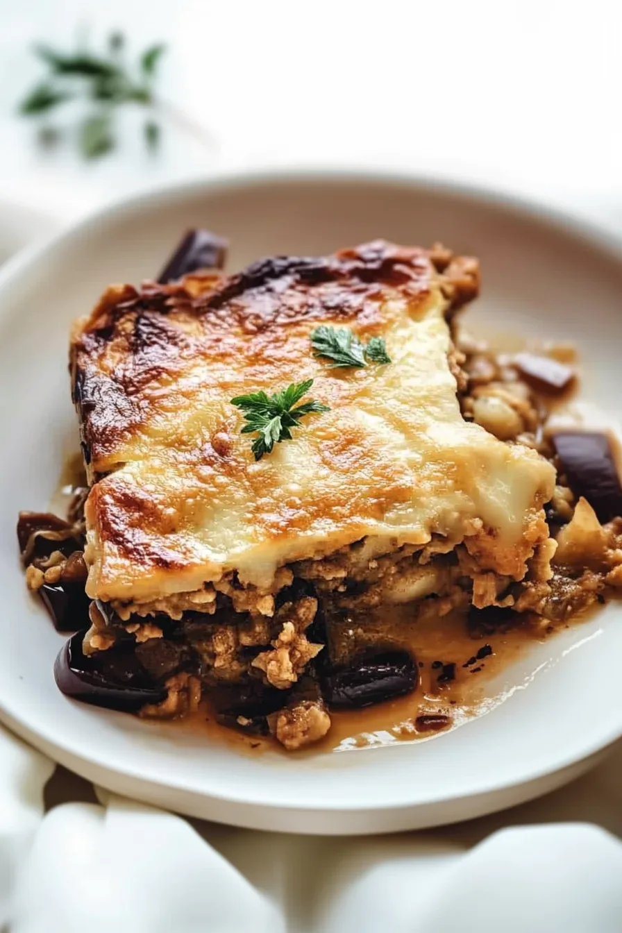 Warm, cheesy baked slice with visible layers of vegetables and meat.