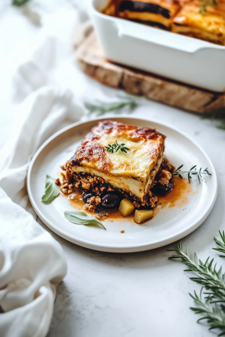 Serving of a rustic oven-baked dish with a crisp, golden top crust.