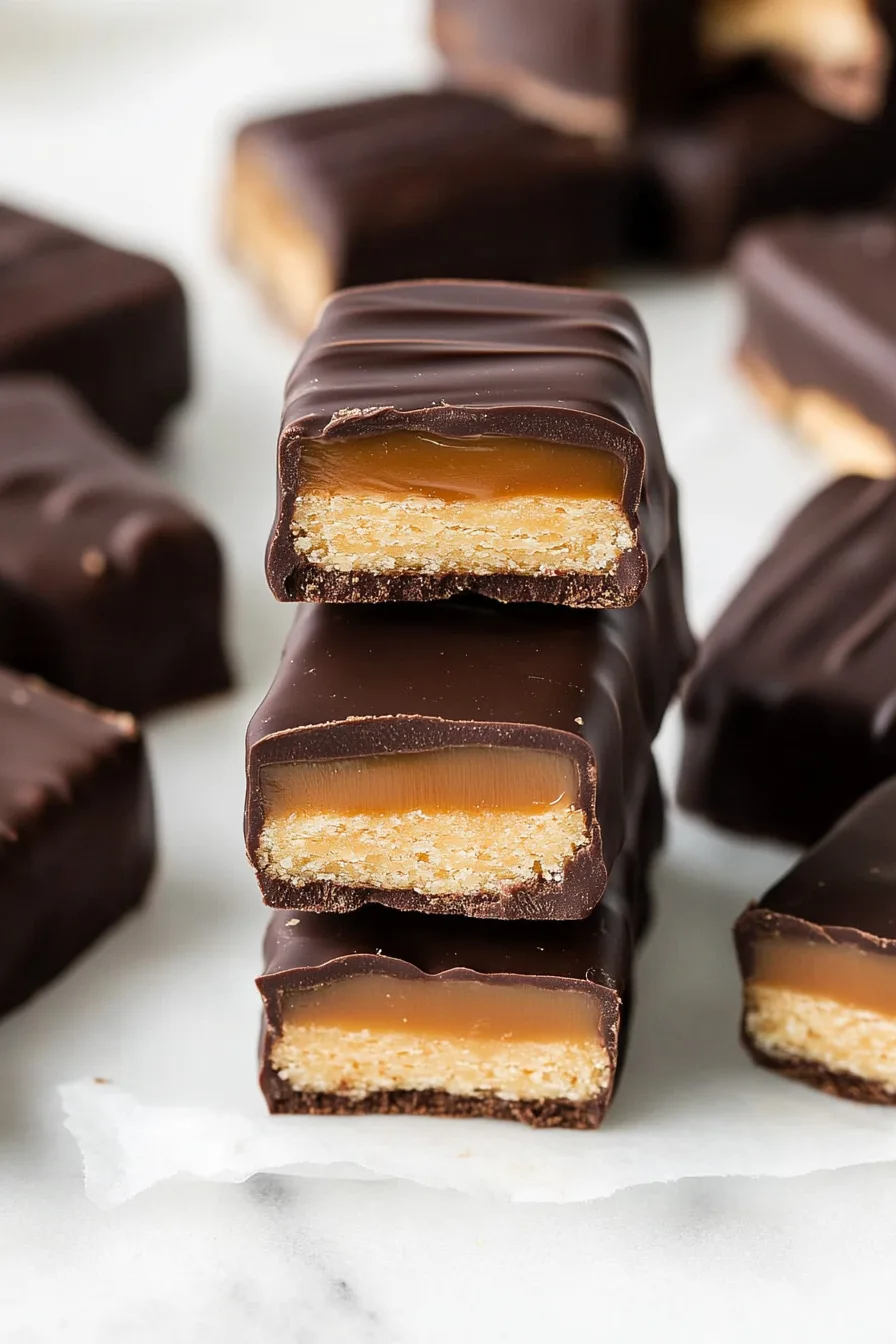 Stacked candy bars with a visible caramel layer over a buttery cookie base.
