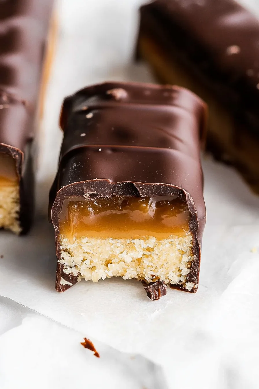 Close-up of a chocolate-coated bar showing layers of caramel and shortbread.