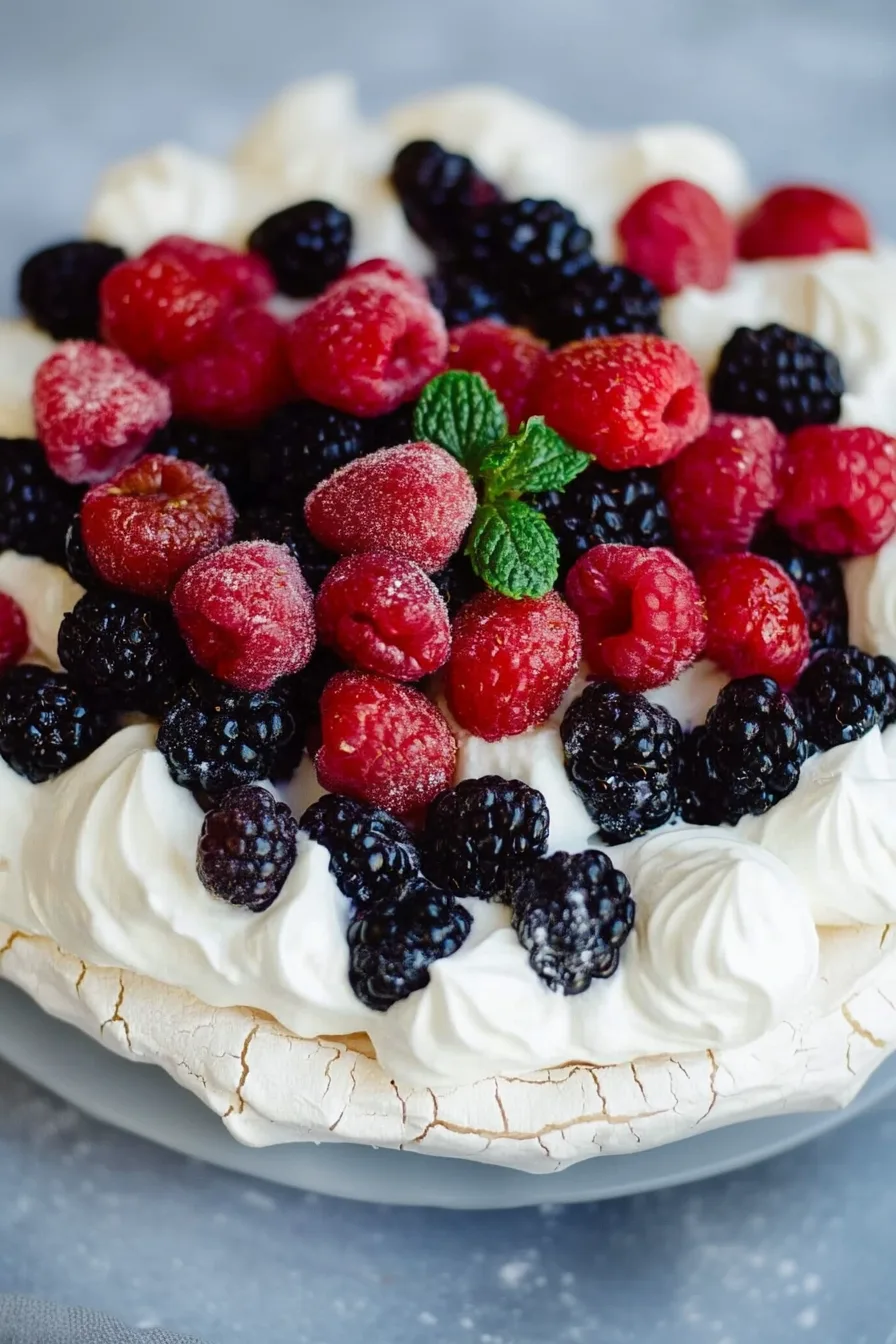 Close-up of a light, airy dessert piled with strawberries, blueberries, and raspberries.
