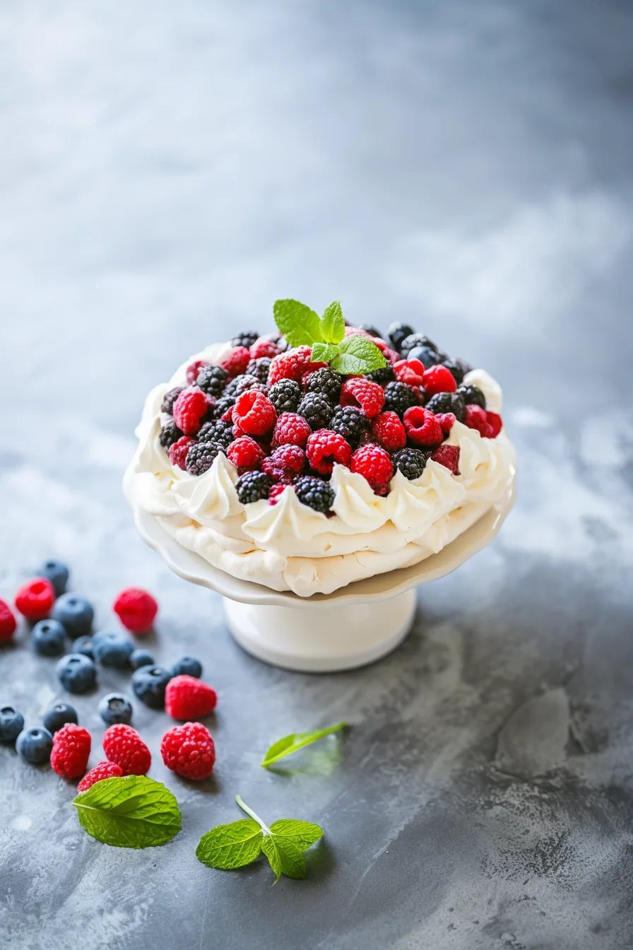 Whipped cream–topped meringue garnished with assorted berries and a dusting of sugar.