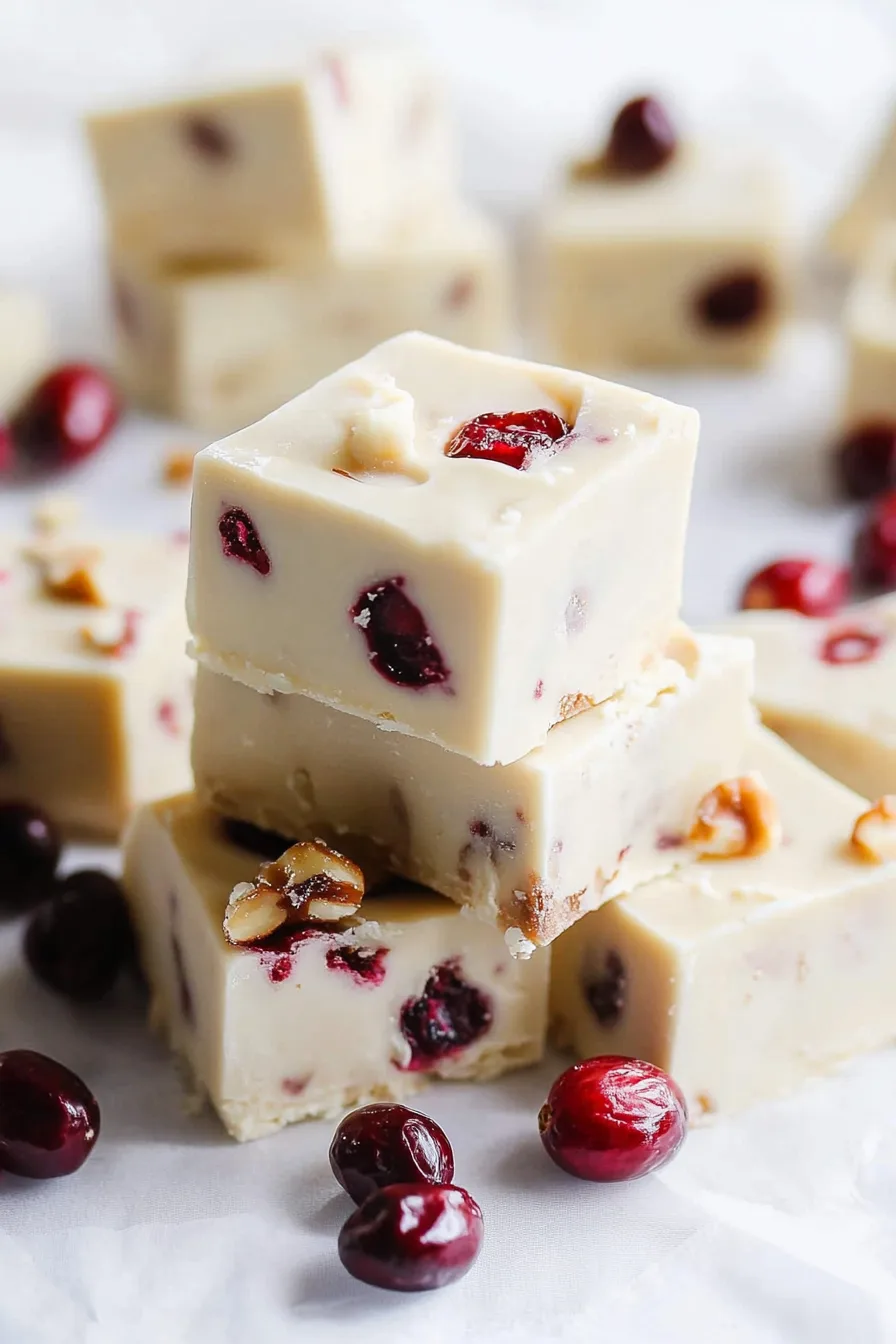 Stacked fudge squares with ruby-colored cranberries visible throughout the creamy base.