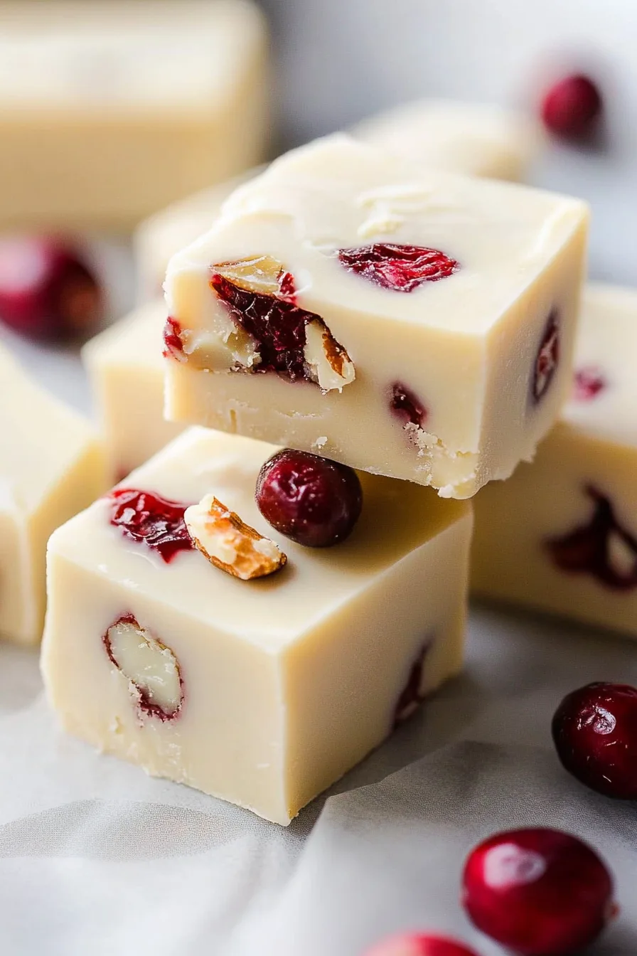 Close-up of soft white fudge pieces featuring cranberry bits and a few chopped nuts on top.
