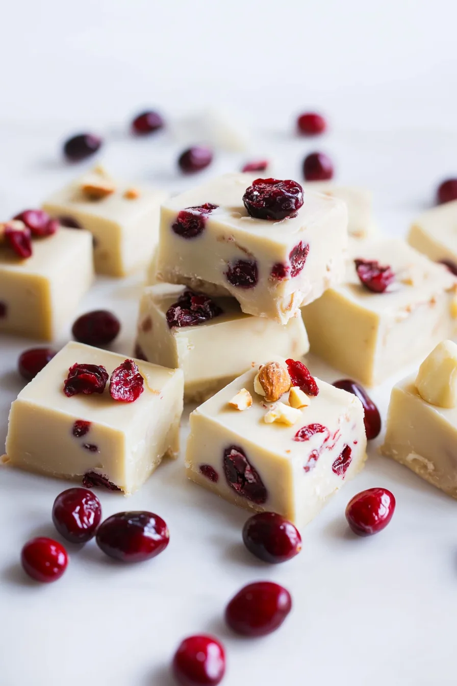 Neatly cut cubes of pale, smooth fudge with bright red cranberries scattered around.