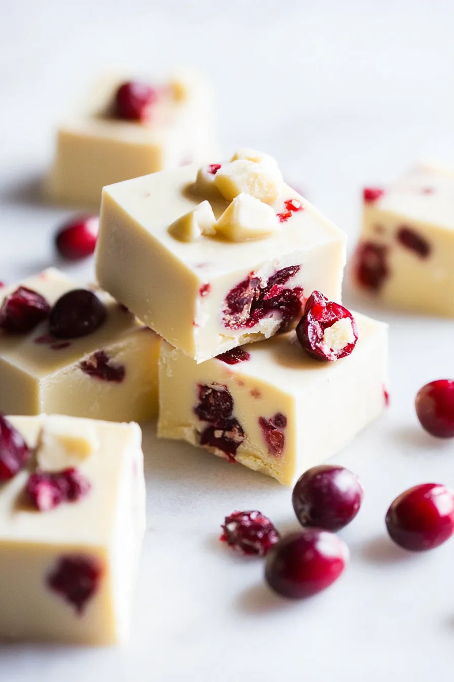 Creamy white fudge squares studded with cranberries and topped with a few extra berries.