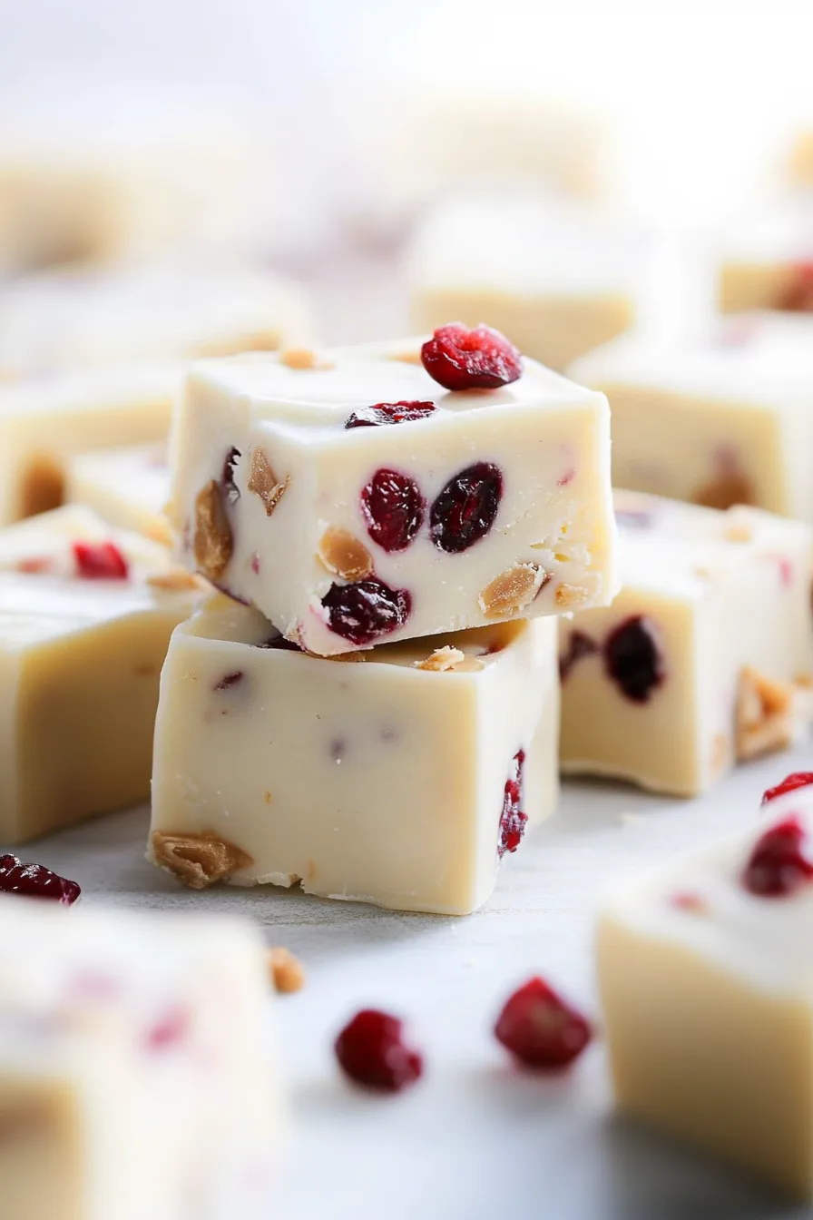A display of white fudge cubes surrounded by fresh cranberries on a marble surface.