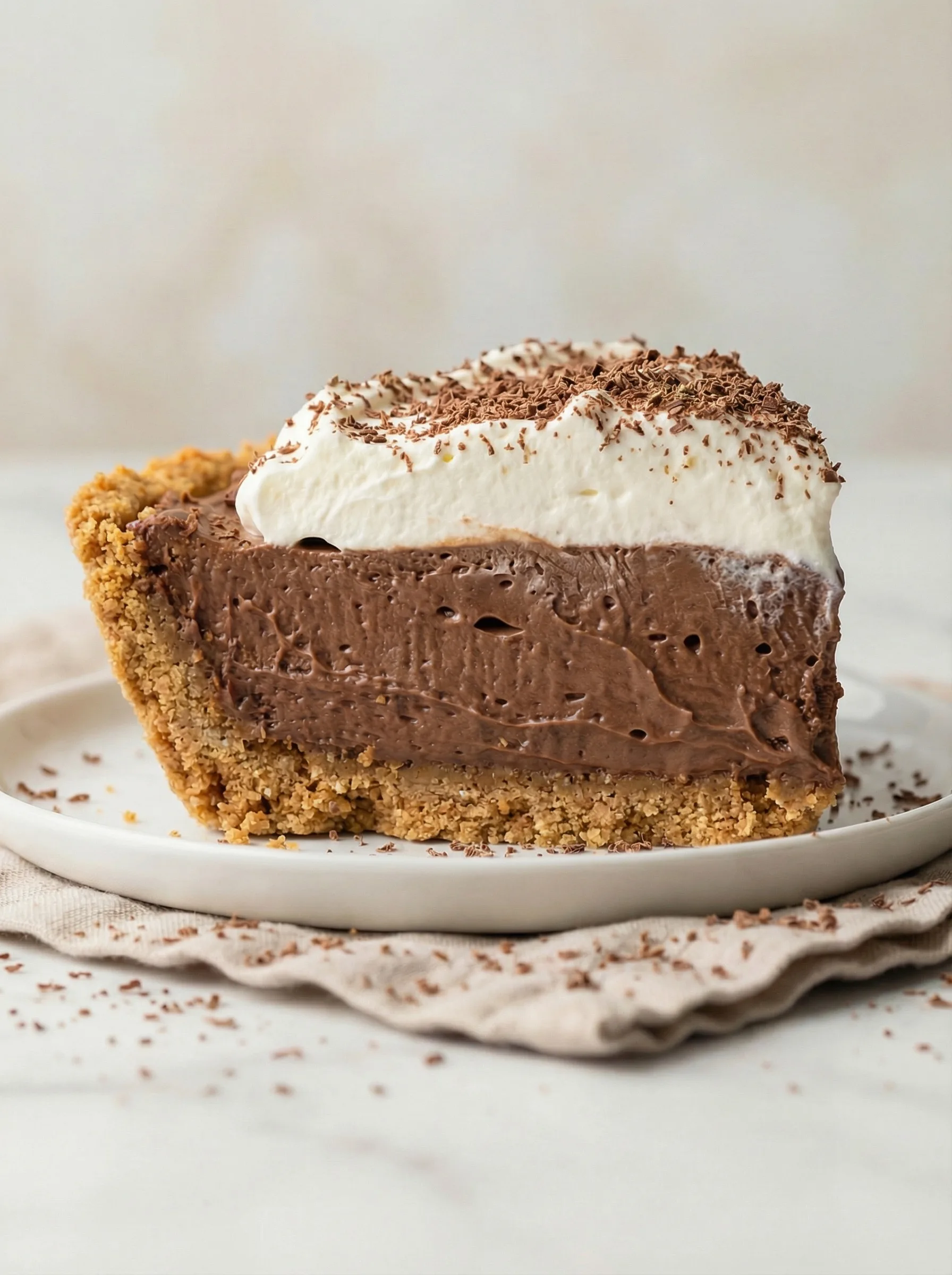 Creamy chocolate pudding slice with whipped cream topping