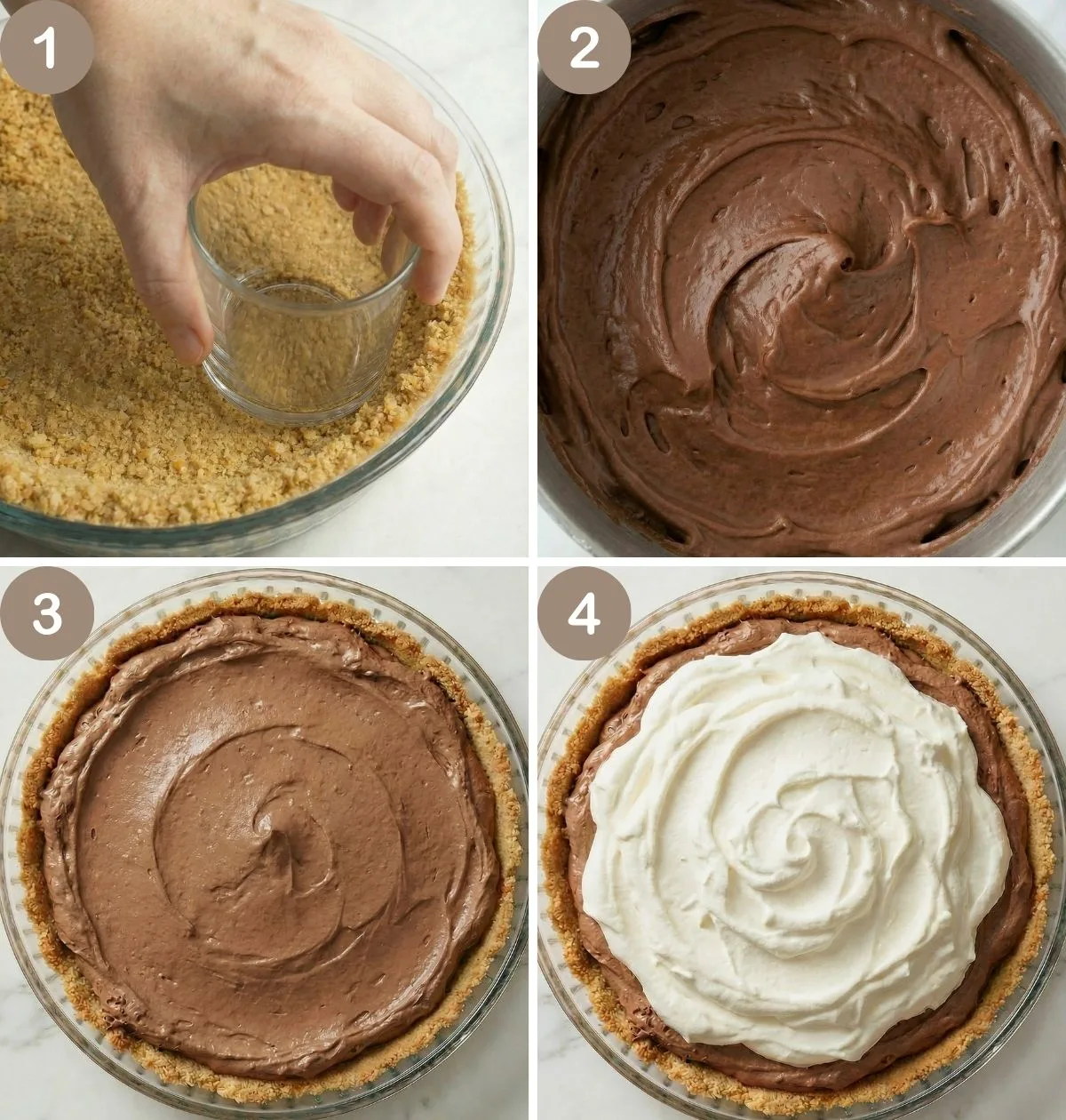 Steps showing pressing graham cracker crust, thick chocolate pudding, filling the crust, and topping with whipped cream