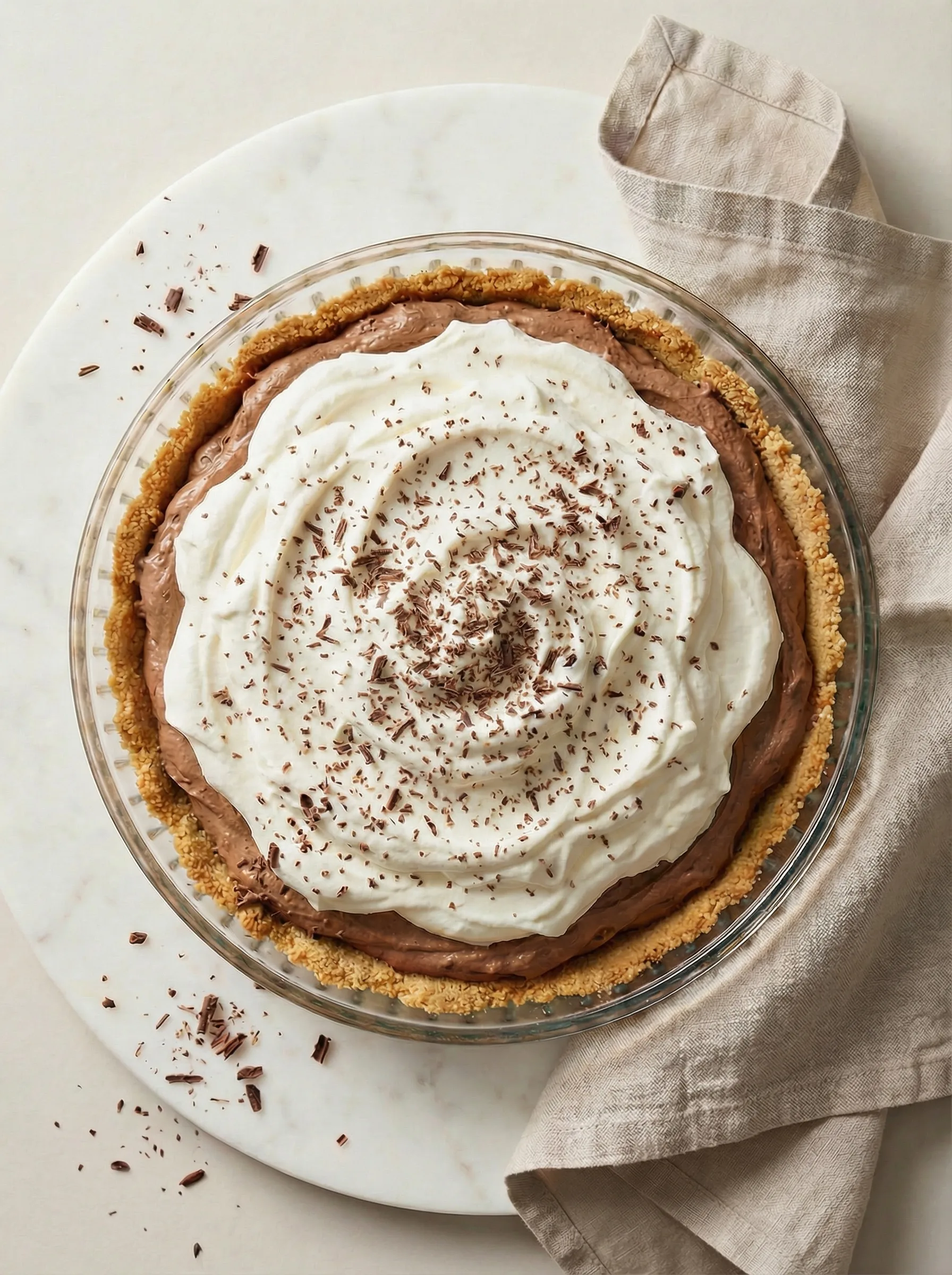 Chocolate pudding pie with graham cracker crust topped with whipped cream and chocolate shavings