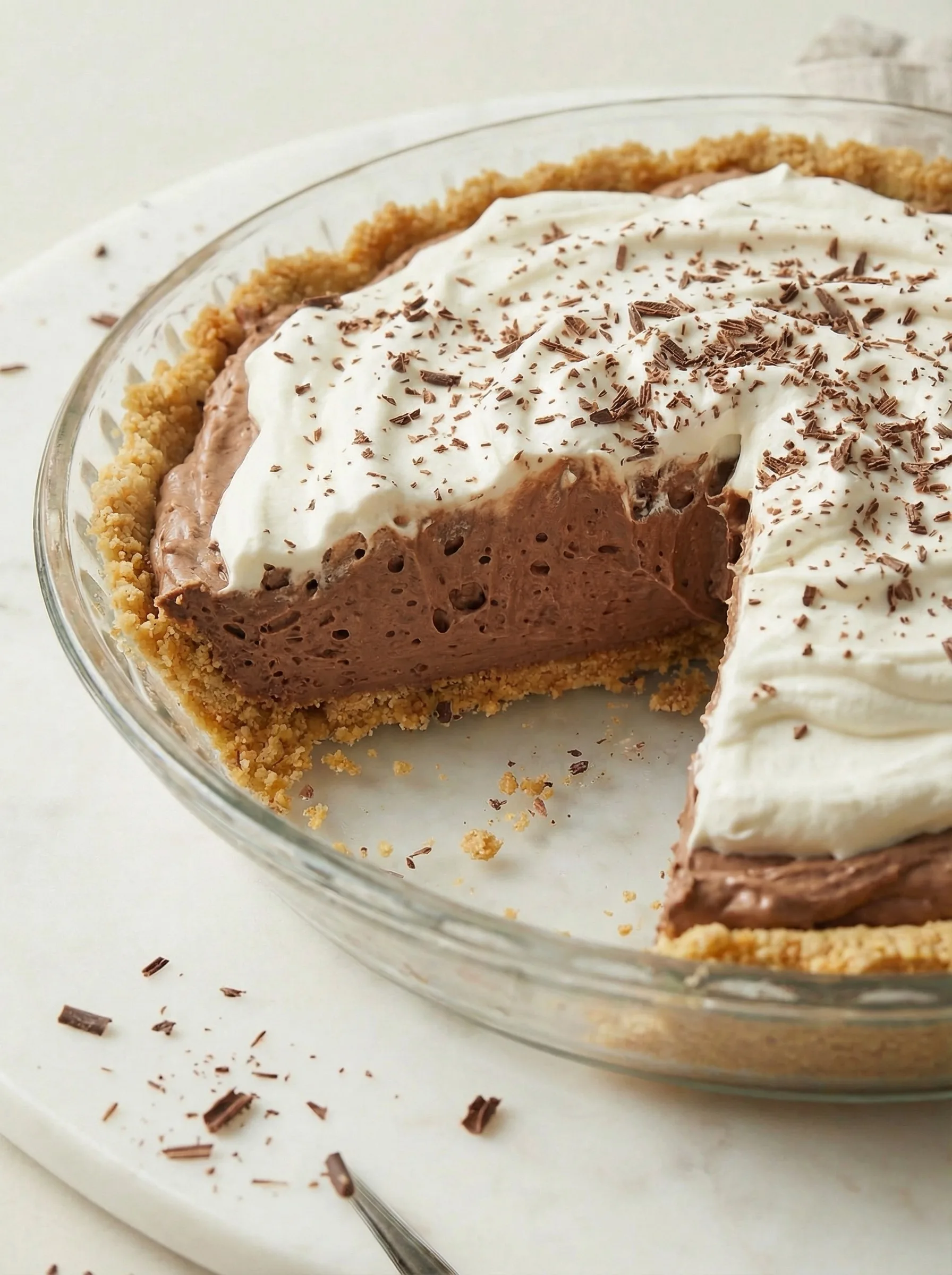 Chocolate pudding pie with graham cracker crust topped with whipped cream and chocolate shavings