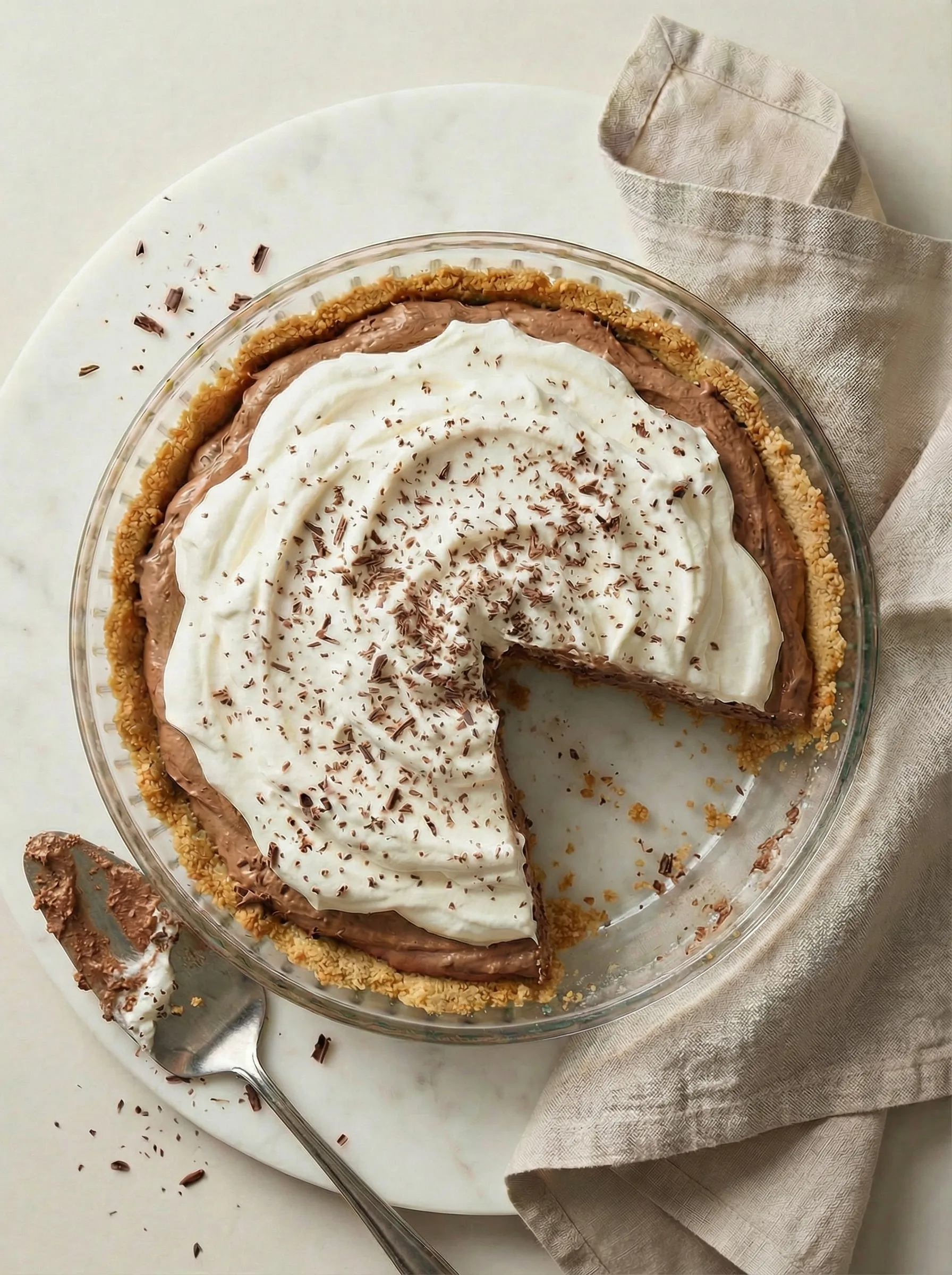 Top-down view of a creamy chocolate pie with whipped cream topping, one slice removed from a graham cracker crust