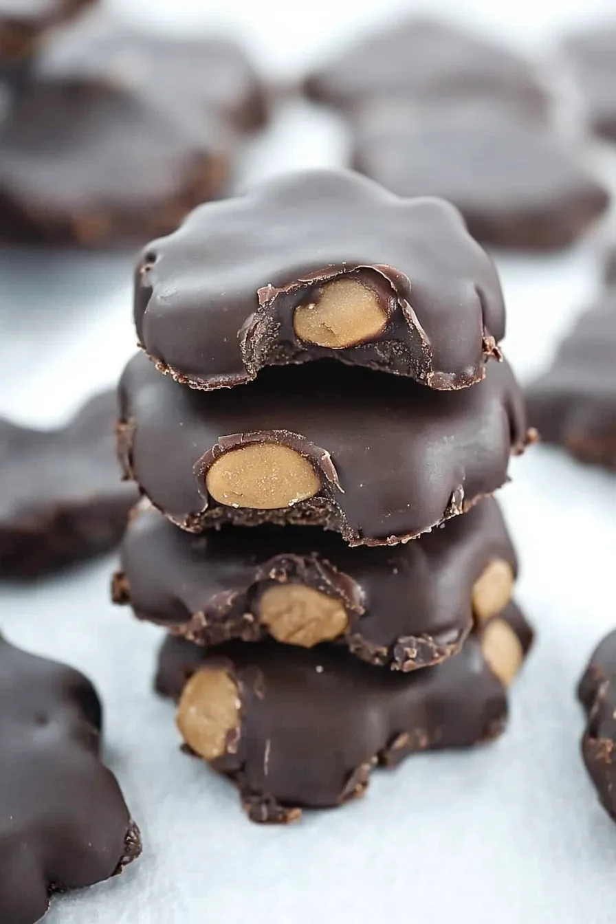 A pile of homemade chocolate treats with visible caramel peeking through the bitten edges.