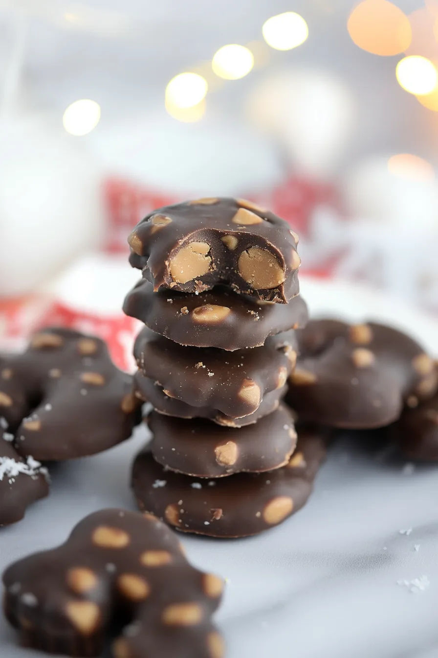 A neatly arranged batch of dark chocolate treats with textured edges and a peek of caramel showing through.