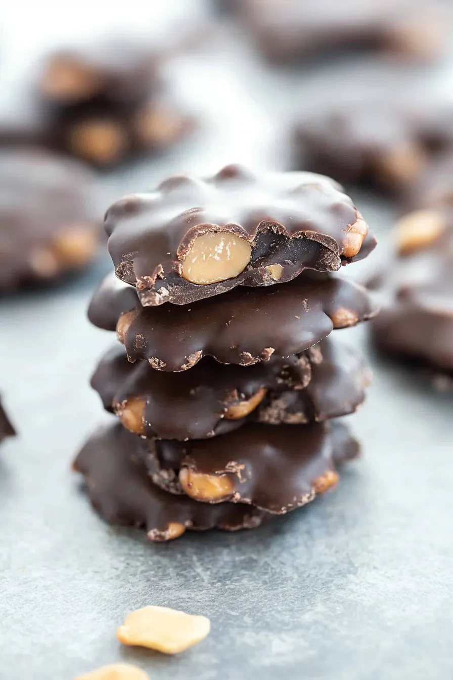 Stacked homemade chocolate caramel bites with a visible bite mark revealing the golden caramel inside.
