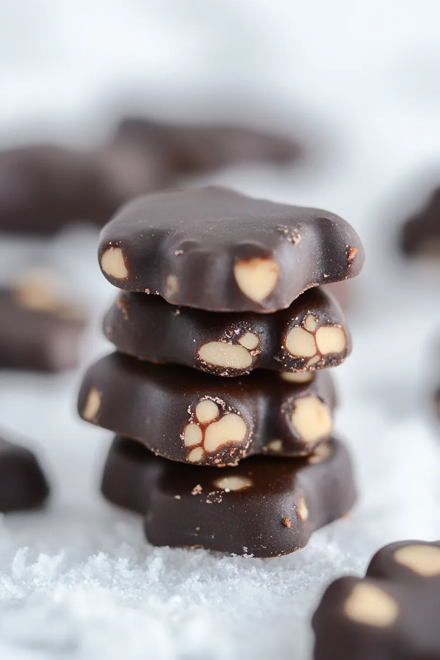 A group of glossy dark-chocolate candies arranged on parchment paper, highlighting their smooth coating and chewy filling.