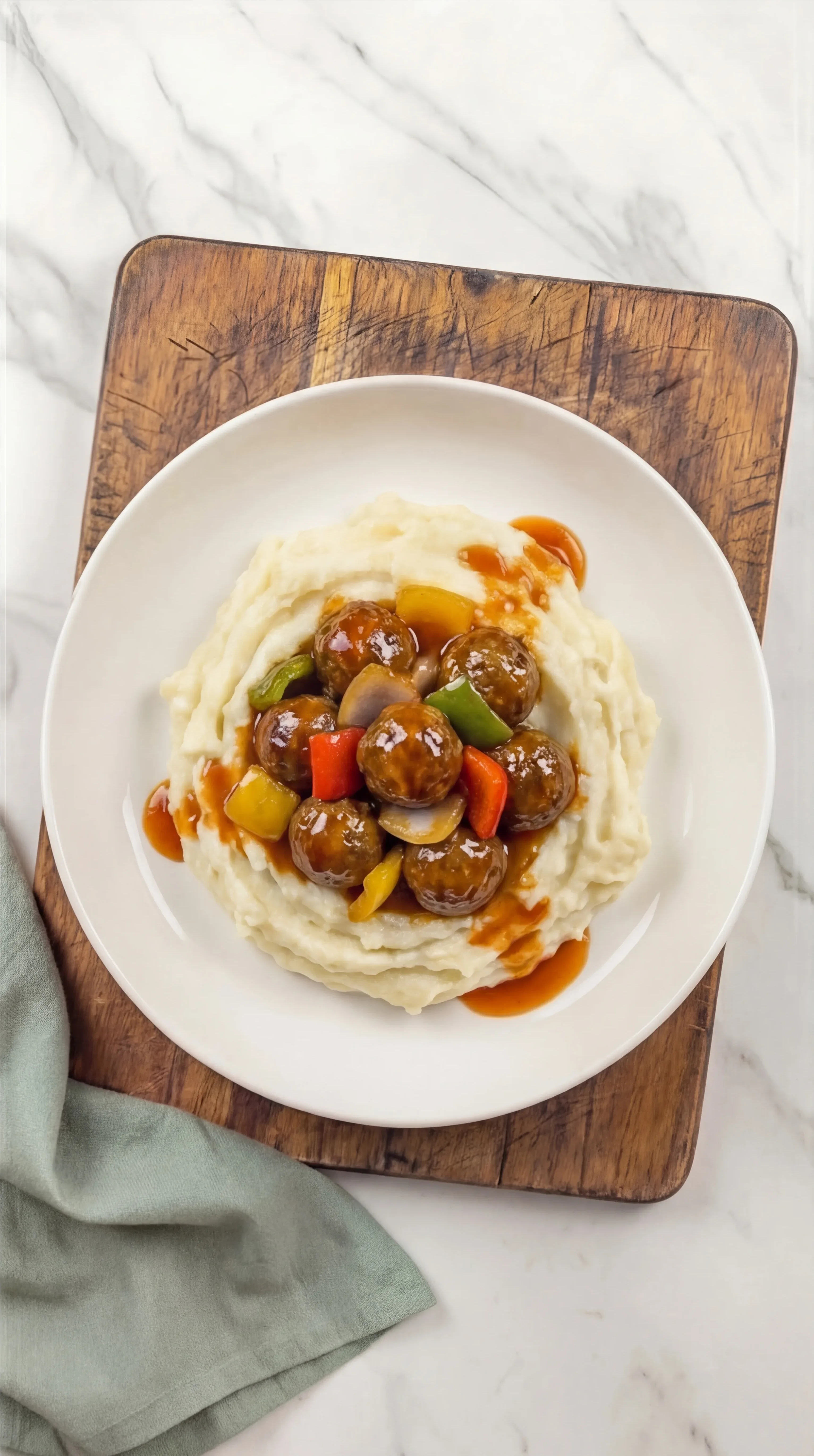 Sweet and Sour Meatballs served over creamy mashed potatoes with colorful bell peppers