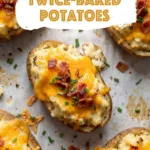 Twice Baked Potatoes topped with melted cheese bacon and chives on baking tray