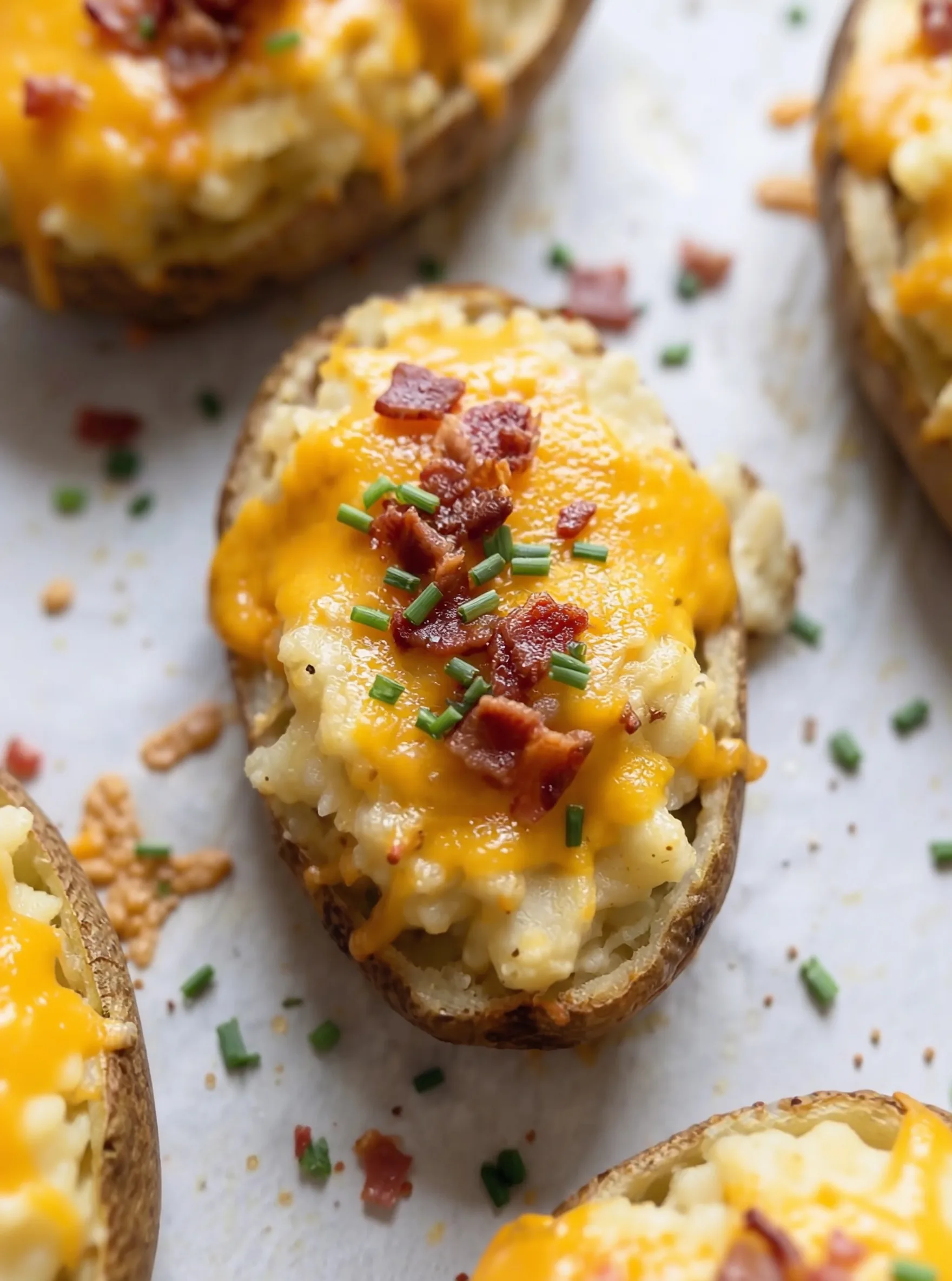 baked potato stuffed with creamy mashed potato filling melted cheese crispy bacon and chopped chives