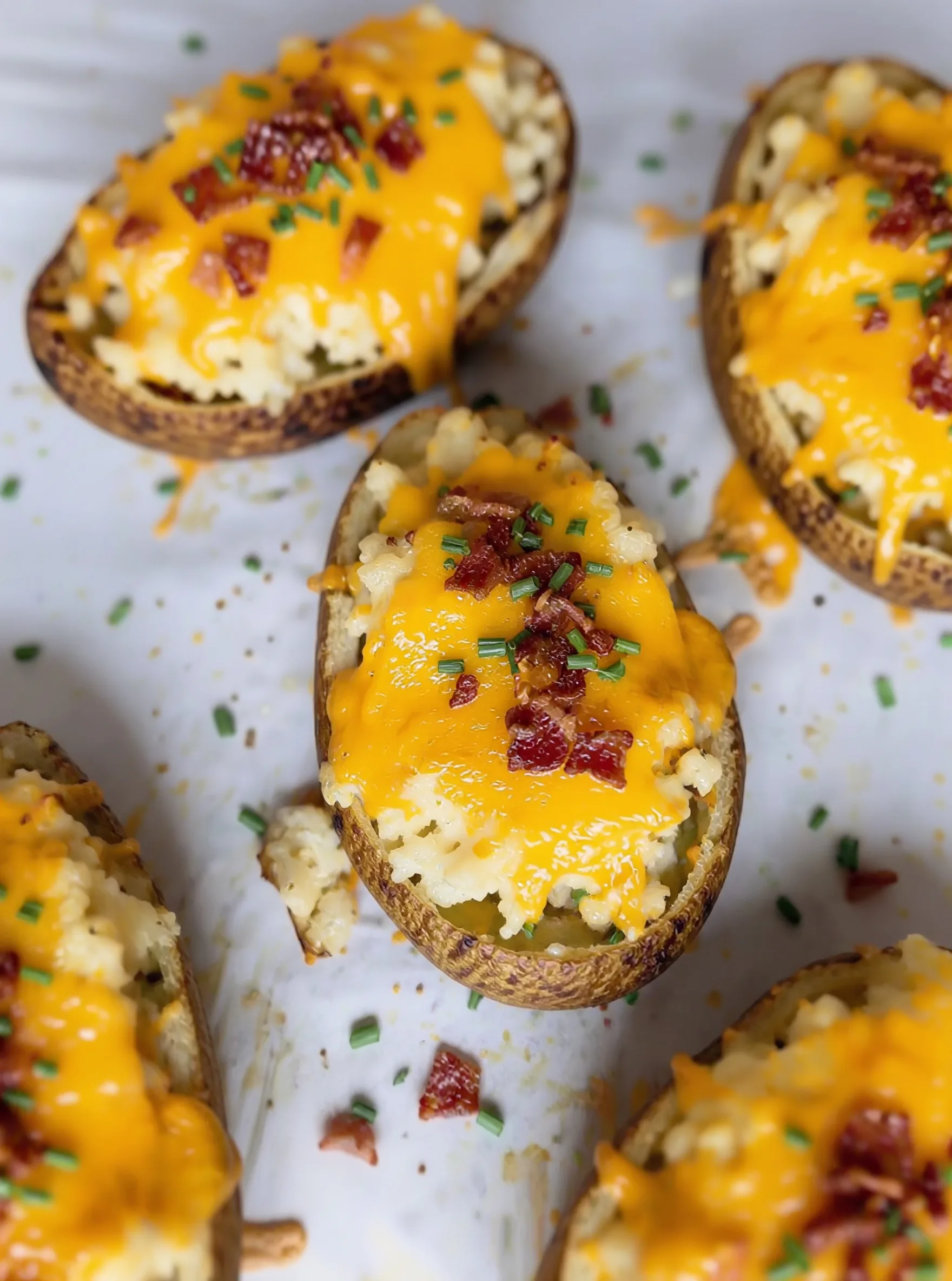 cheesy stuffed potato skin filled with fluffy mashed potatoes topped with bacon and green onions