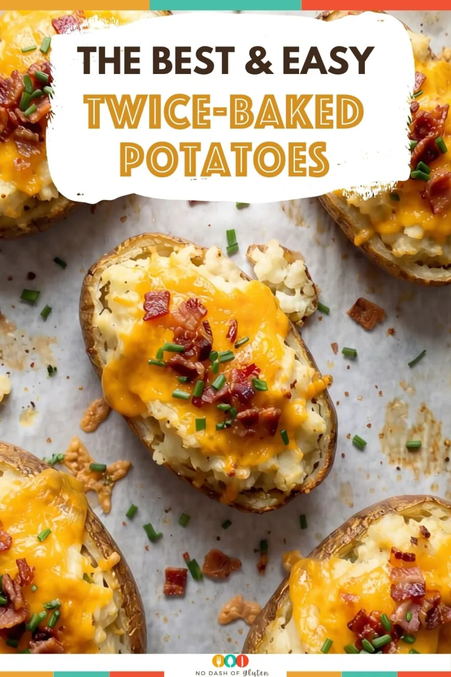 Twice Baked Potatoes topped with melted cheese bacon and chives on baking tray