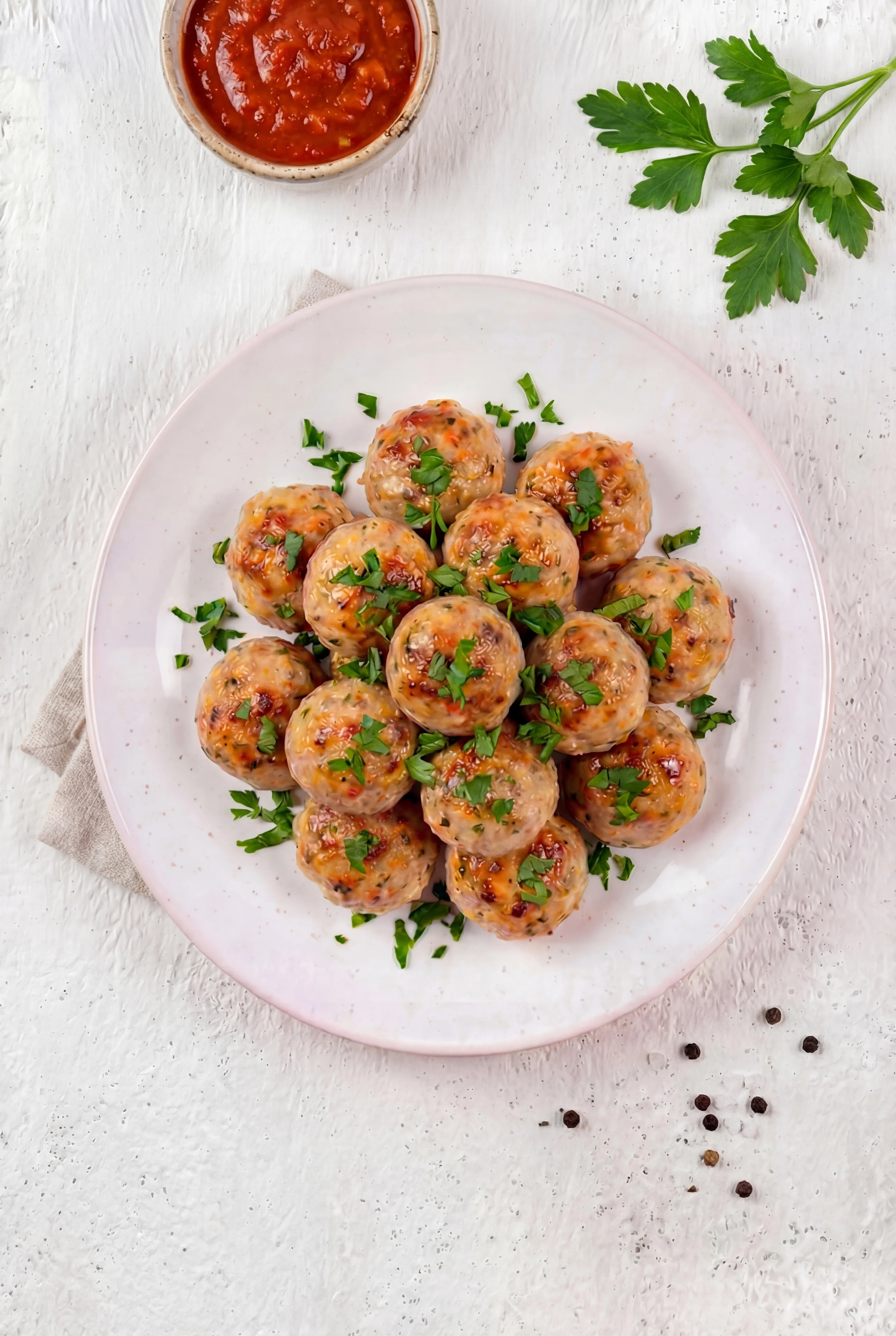 Baked Chicken Meatballs served on plate with fresh parsley and dipping sauce