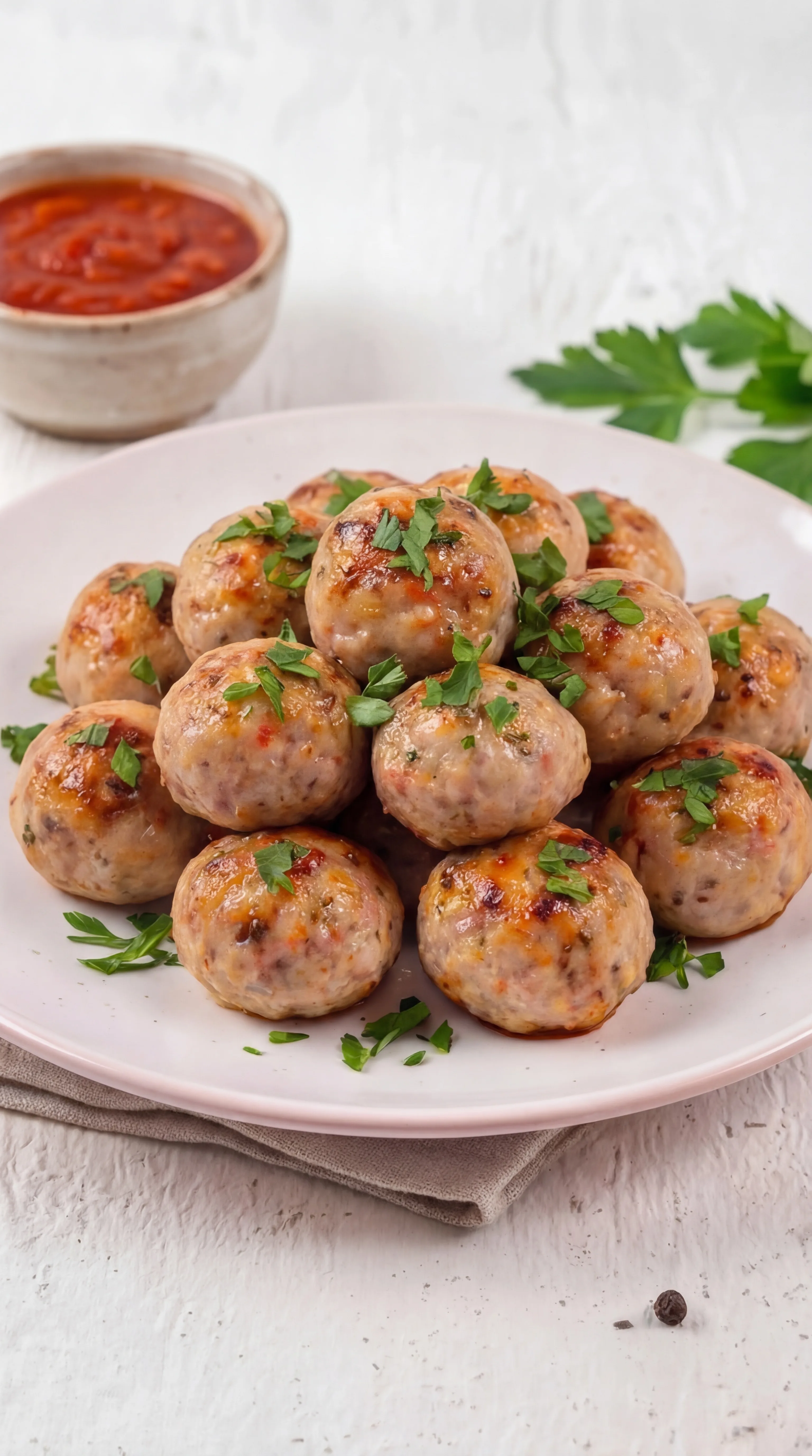 juicy baked chicken meatballs garnished with chopped parsley on white plate