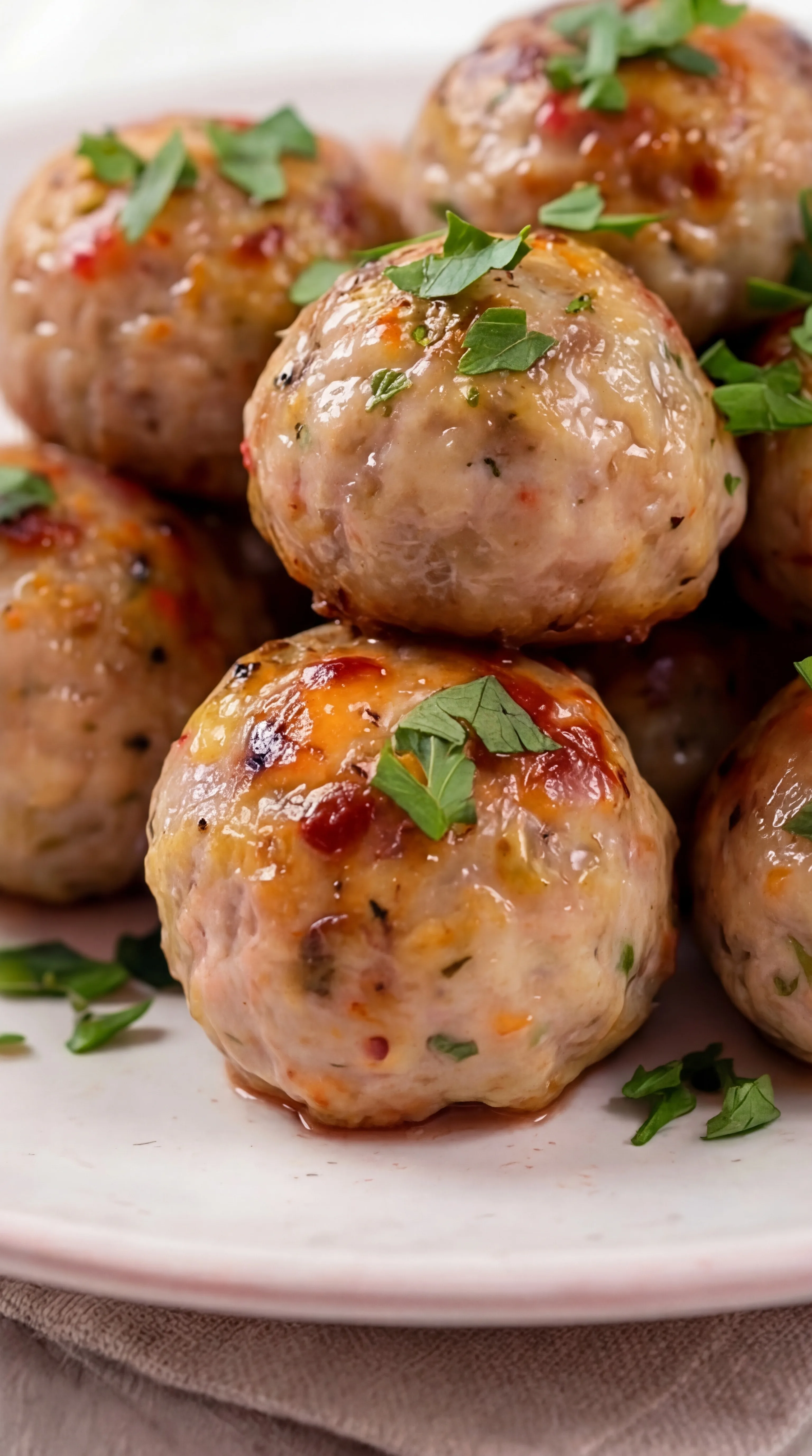 close-up of baked chicken meatball showing golden browned exterior and moist texture