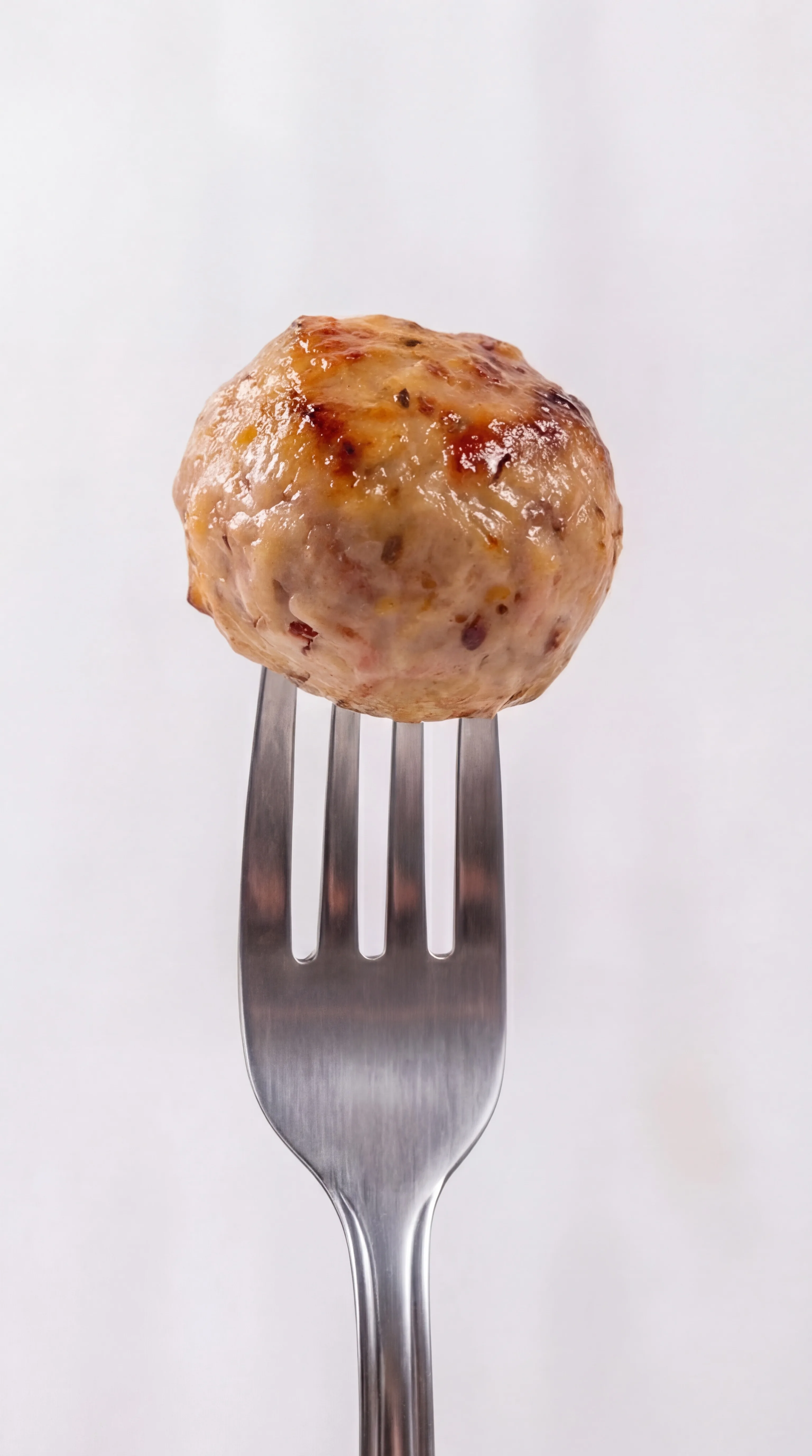 single baked chicken meatball served on fork showing tender juicy interior