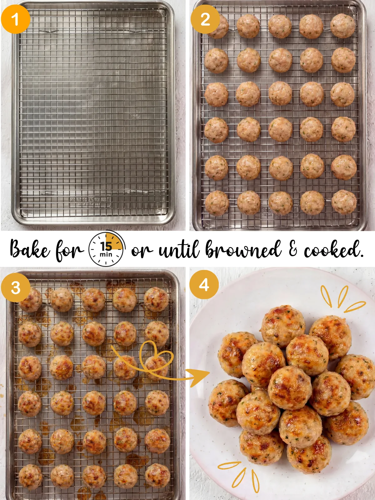 step by step process of shaping and baking chicken meatballs on wire rack until golden brown