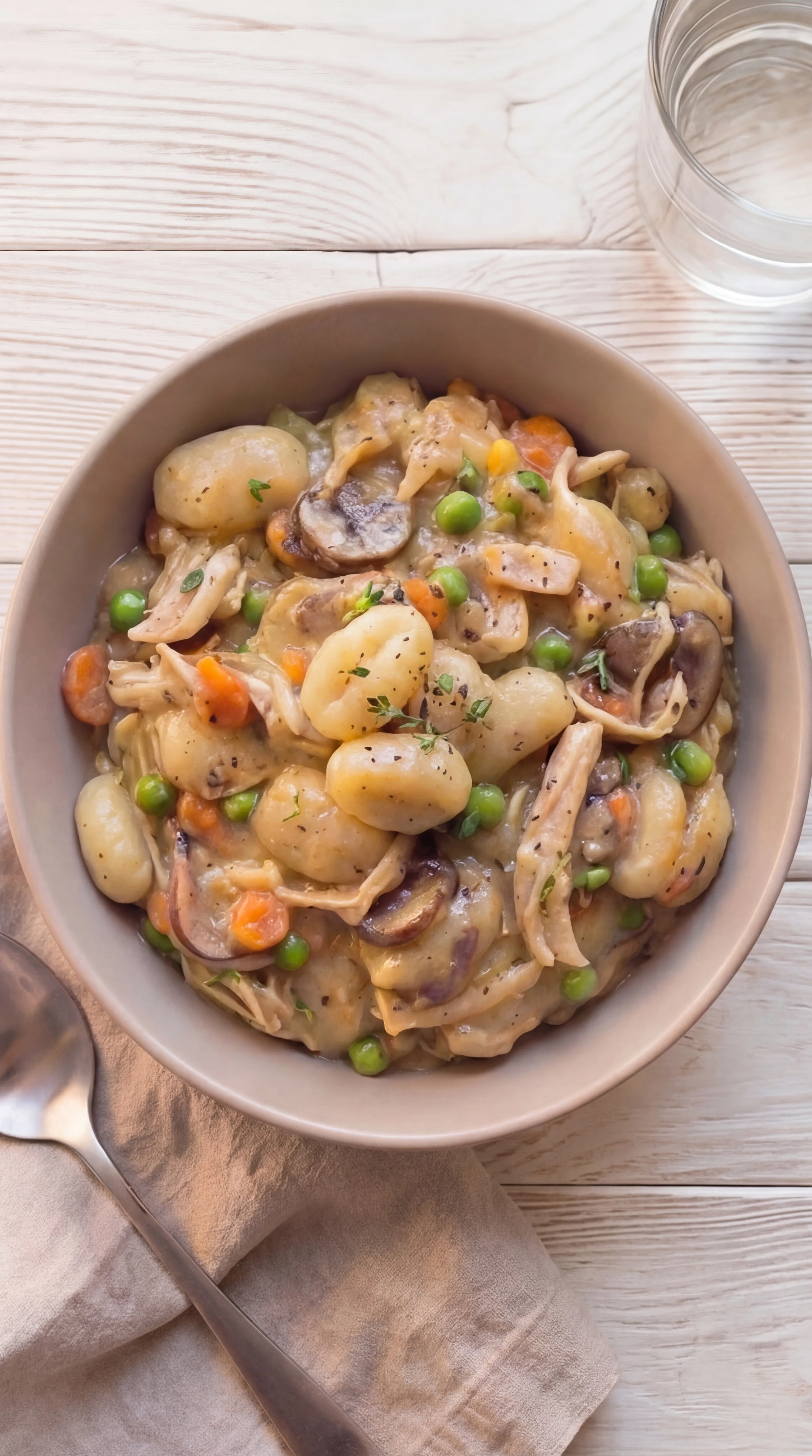 creamy Gnocchi Chicken Pot Pie with mushrooms peas carrots and shredded chicken in rich savory sauce