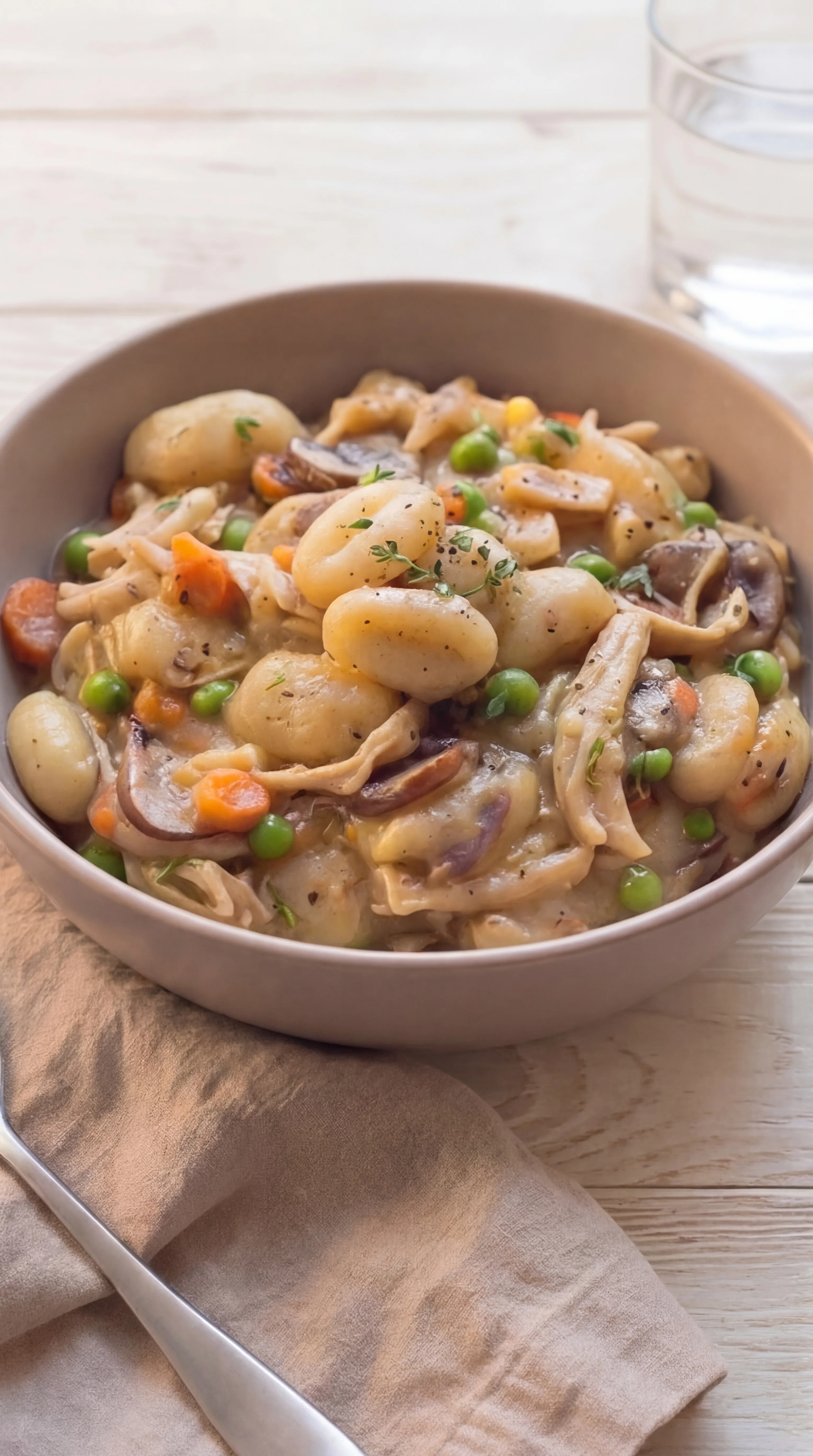 comforting gnocchi chicken pot pie filled with tender chicken vegetables and creamy herb sauce