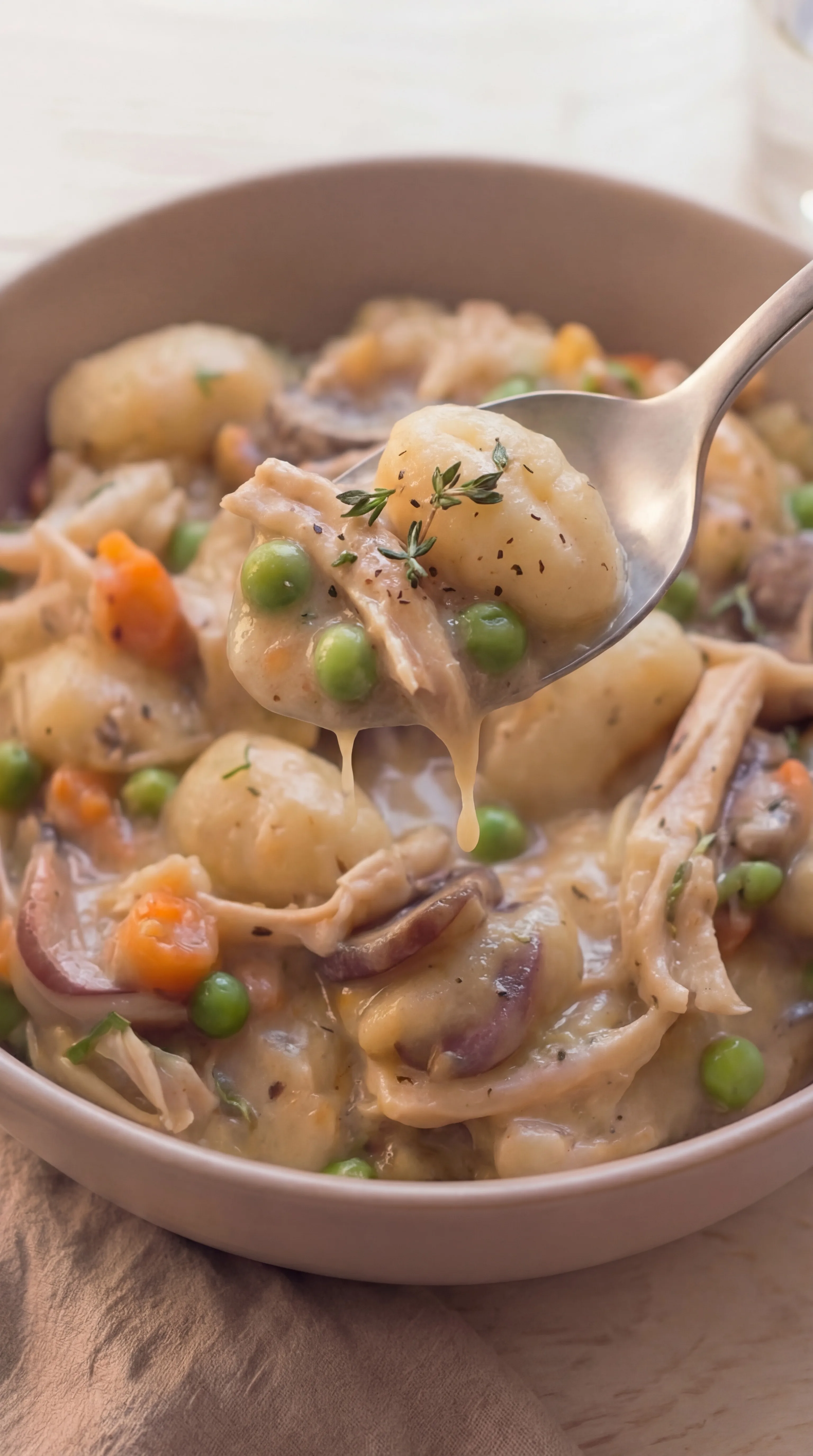spoonful of Gnocchi Chicken Pot Pie showing tender gnocchi shredded chicken and creamy gravy