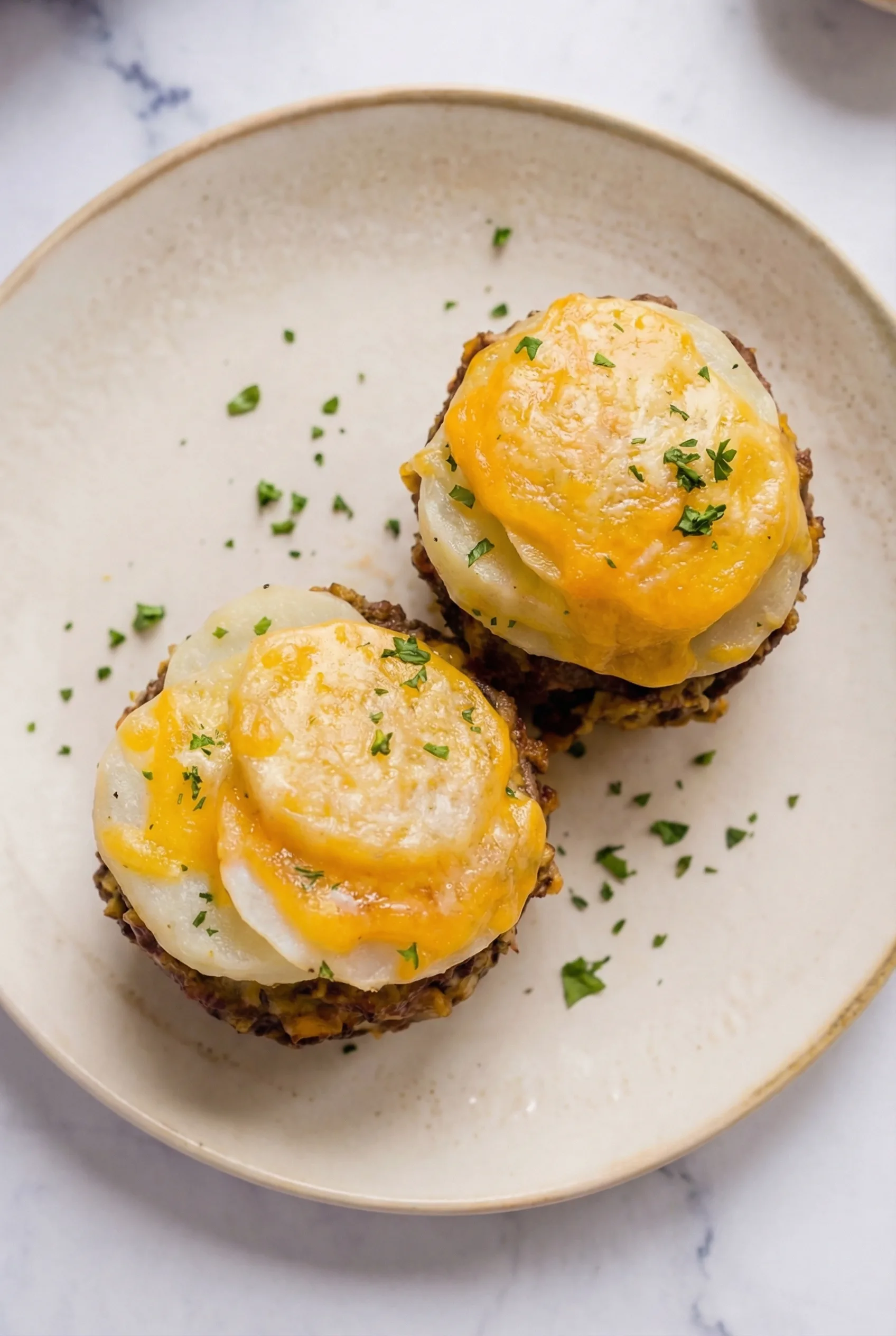 mini meatloaf topped with sliced potatoes and melted cheddar cheese served on plate with parsley