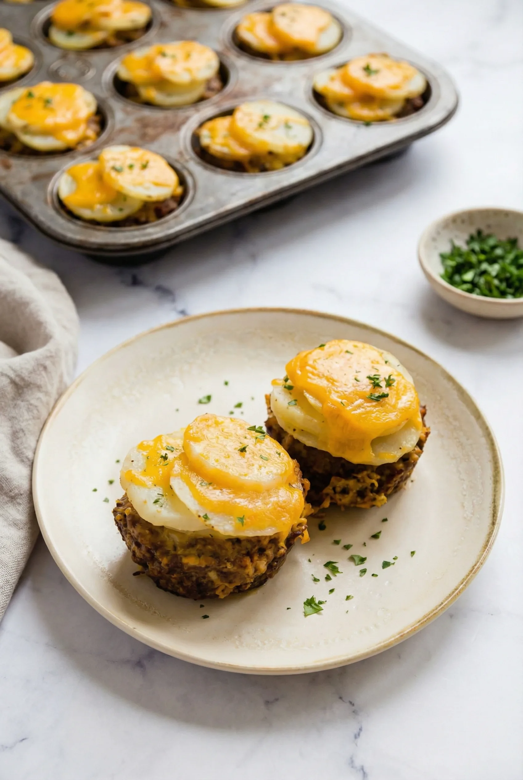 individual mini meatloaf and potatoes portion topped with melted cheddar cheese and fresh parsley