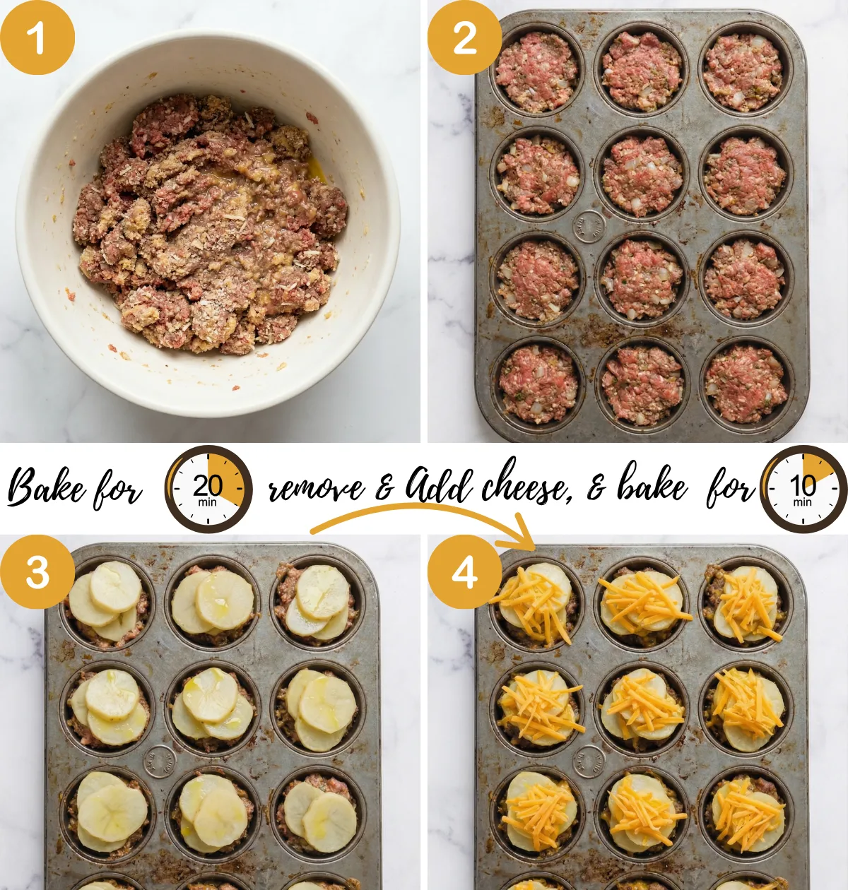 step-by-step Meatloaf and Potatoes Recipe showing meat mixture in bowl baked in muffin tin topped with sliced potatoes and cheese