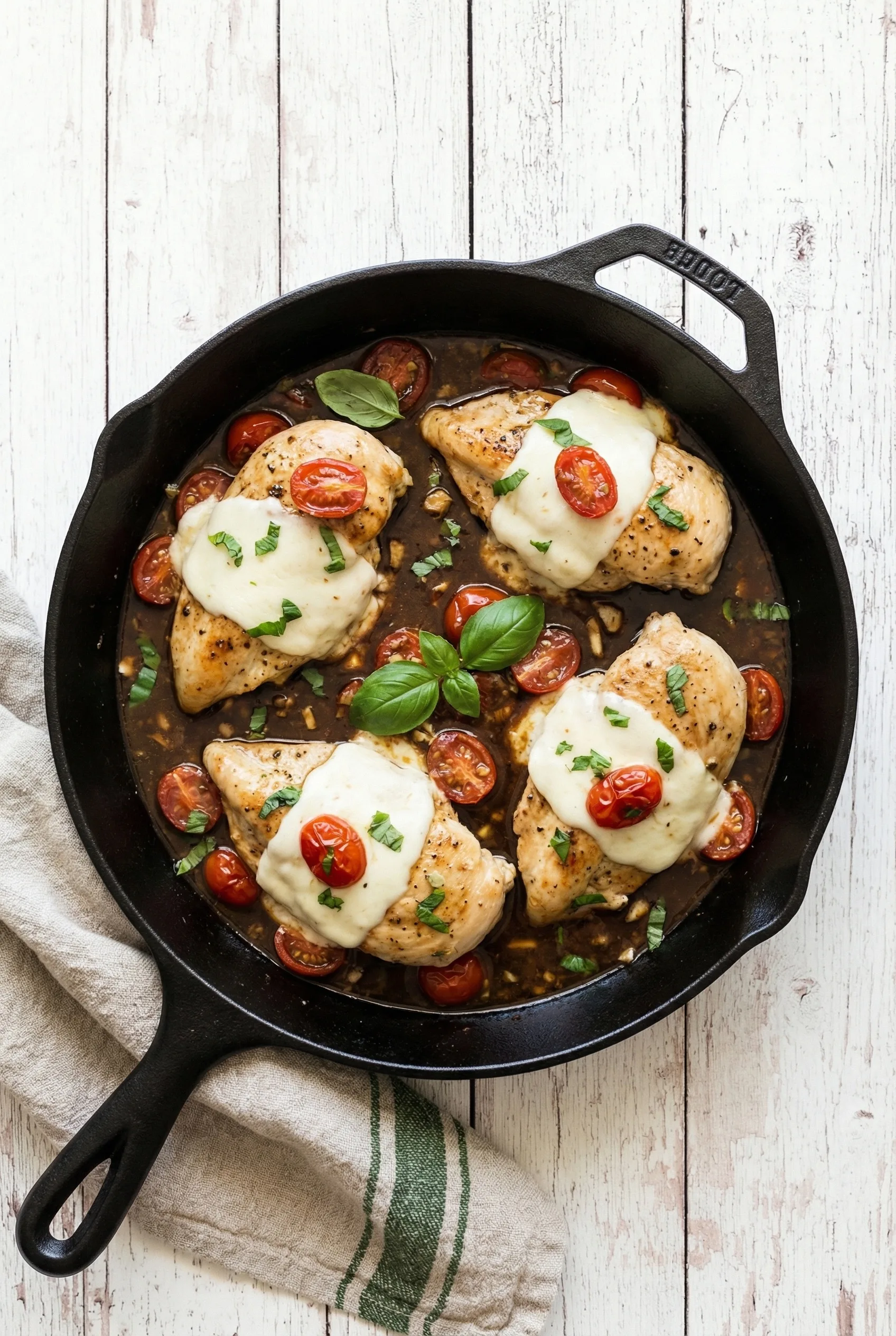 One Pan Balsamic Chicken cooked in skillet with melted mozzarella cherry tomatoes garlic and fresh basil